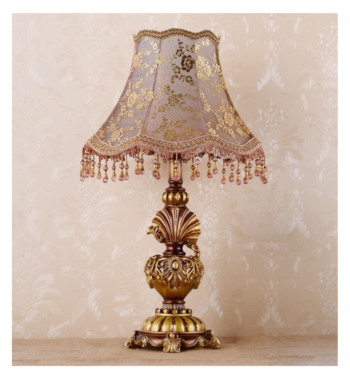 Victorian Style Table Lamp - Handmade Traditional Brown & Gold Lace Fabric Shade with Antique Painted Resin Base - Elegant Bedside & Desk Lamp for Bedroom, Living Room, Office Decor - 13