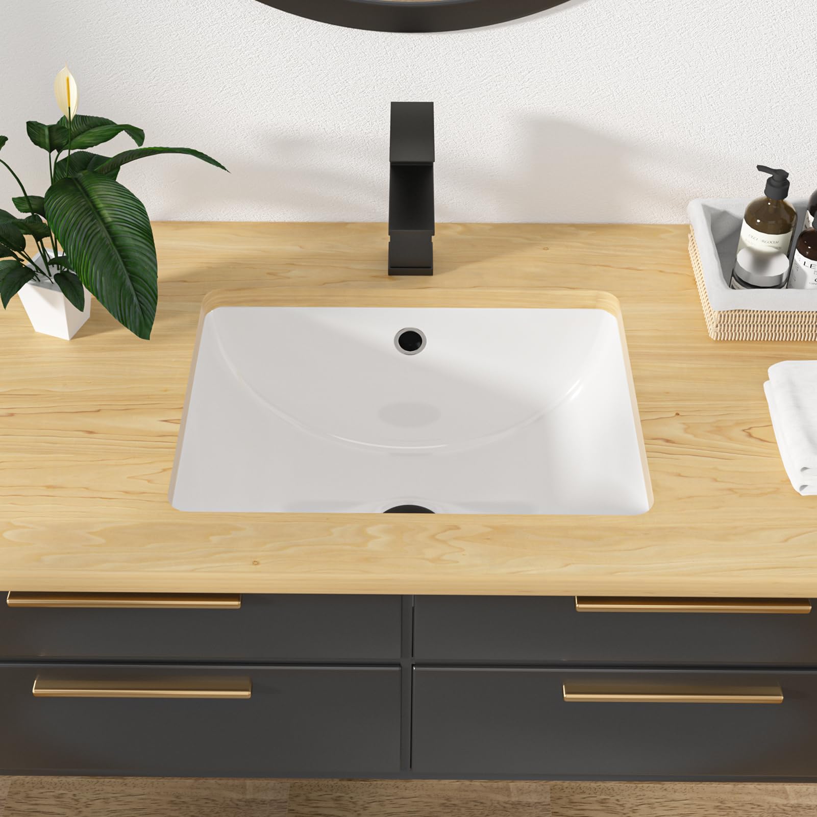 Kichae 18x14 Inch Modern White Rectangular Undermount Bathroom Sink - Porcelain Ceramic Vanity Lavatory with Overflow for Contemporary Home & Commercial Use