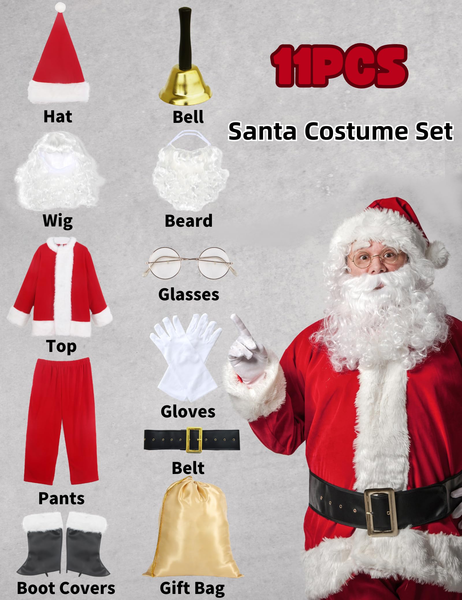 Potalay Men's Deluxe Santa Suit 11pc Set - Adult Christmas Santa Claus Costume for Holiday Parties & Festive Events