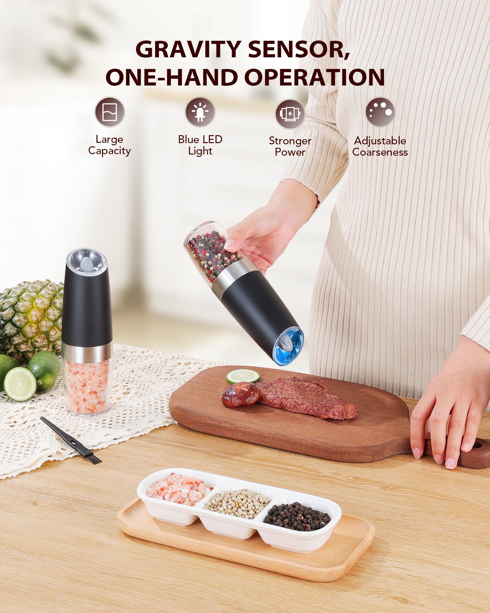 Upgraded Sangcon Electric Pepper and Salt Grinder Mill - Battery Powered Automatic Shaker with LED Light, Adjustable Coarseness & One-Hand Operation - Large Capacity Spice Grinder for Kitchen, Dining Table & Outdoor Cooking (1pc)