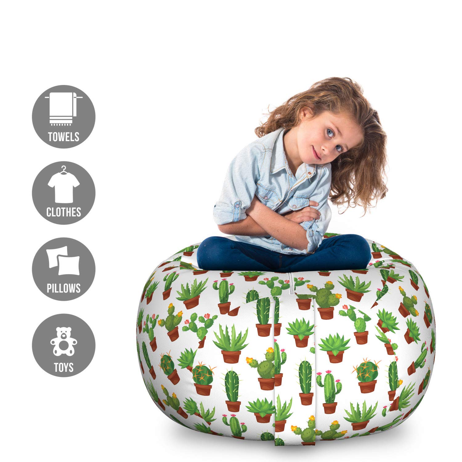 Ambesonne Large Cactus Toy Storage Bag Chair - Abstract Floral Pattern with Vases, Washable Stuffed Animal Organizer for Kids Room, Nursery or Playroom - Green Brown Marigold Design for Home Decor & Organization