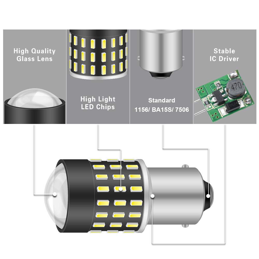 Ultra Bright 1156 BA15S 1095 7506 LED Bulbs - Xenon White 3014SMD 54-EX Chipsets with Lens Projector for Car Backup Lights, Tail Lights, Brake Lights, Reverse Lights - 12-24V DC (Pack of 2) | Perfect for Night Driving, Parking Safety & Enhanced Vehicle Visibility