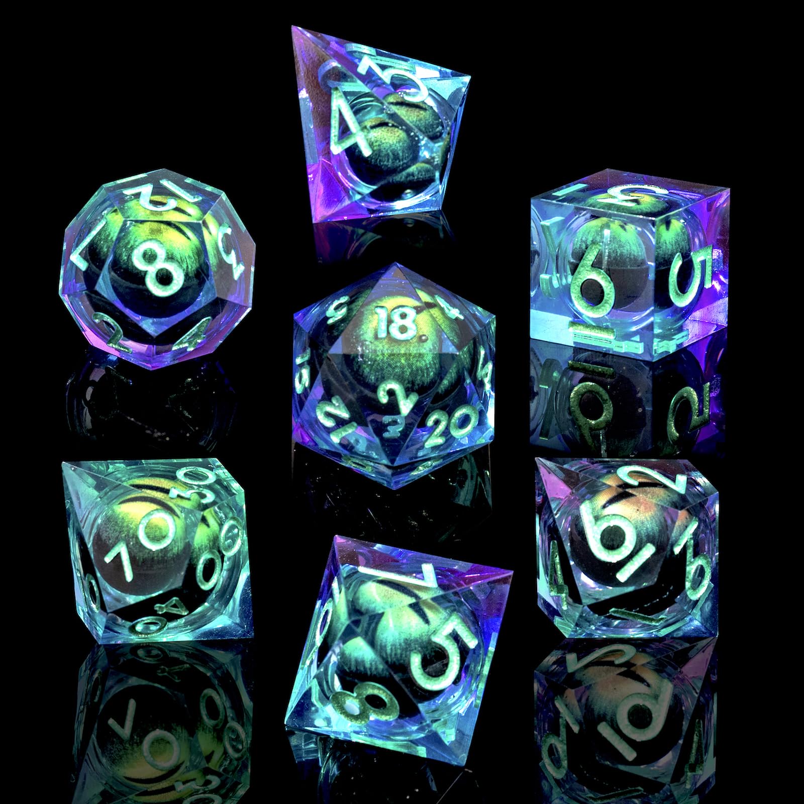 D&D Dragon Eye Dice Set - 7-Piece Sharp Edge Liquid Core Resin Handmade Dice with Cat Eye Effect for Dungeons & Dragons, RPG, TTRPG (Green Purple Dragon Eye) - Perfect for Tabletop Gaming, Gift Giving & Roleplaying Adventures
