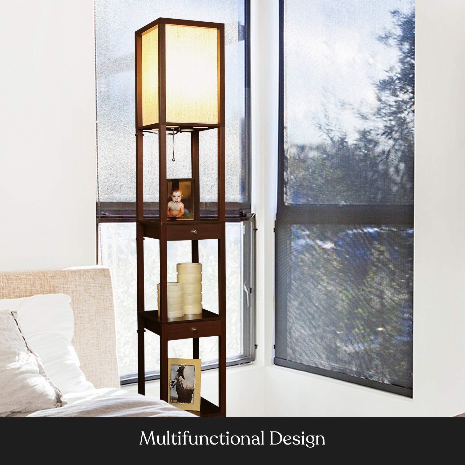 Brightech Maxwell Modern LED Floor & Table Lamp Set of 2 with USB Port & Storage Drawers - Wood Frame Bedside Lamp with Soft Ambient Lighting - Perfect for Bedroom Nightstand & Living Room Accent Lighting - Home Office Reading Lamp with Convenient USB Charging