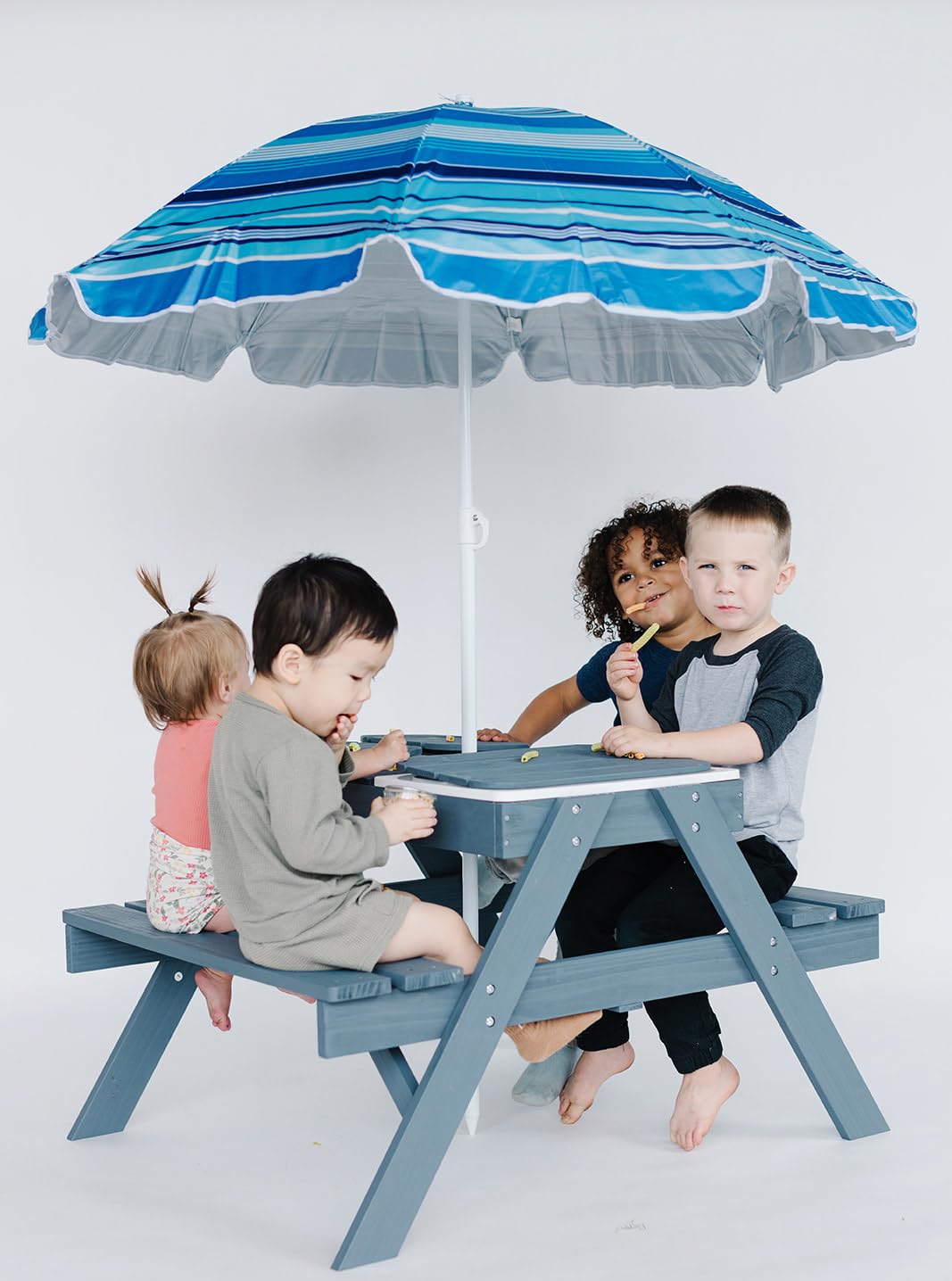 Beright 3-in-1 Adjustable Kids Picnic Table with Umbrella - Outdoor Wooden Sand & Water Sensory Play Table, Removable Tabletop & 3 Storage Bins - Perfect for Backyard, Patio, Park & Beach Playtime
