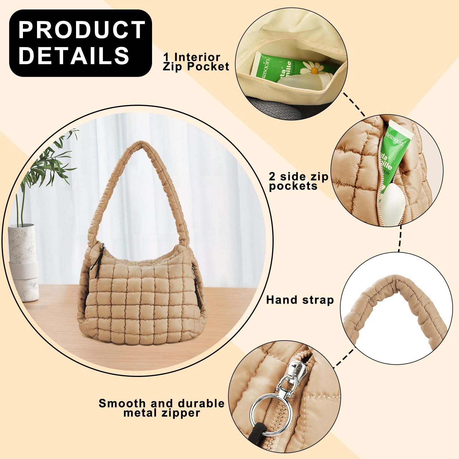 Soft Puffy Zipper Tote Bag for Women - Lightweight Quilted Crossbody Shoulder Bag | Perfect for Work, Travel & Shopping