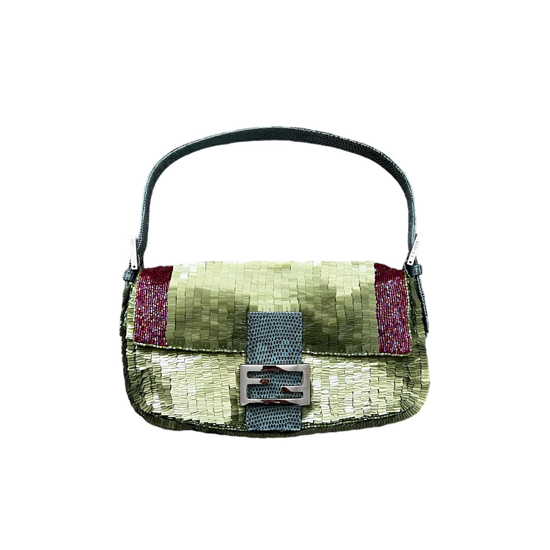 Vintage Fendi Green Sequin Bag with Red Stripes - Rare Designer Handbag for Women | Perfect for Evening Parties, Weddings & Special Occasions