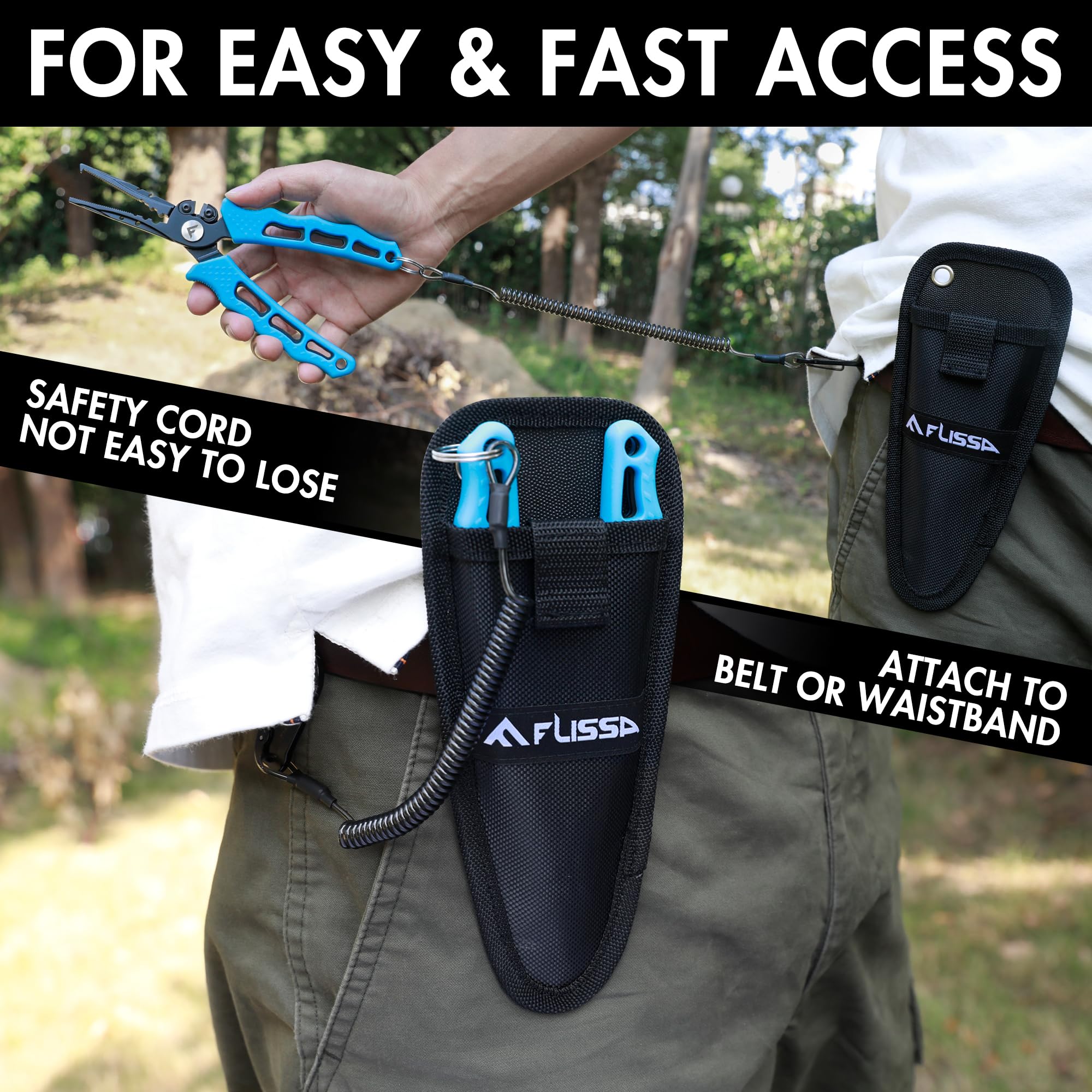 FLISSA 7.5 Inch Stainless Steel Fishing Pliers - 420 Corrosion Resistant Hook Remover & Split Ring Tool with Braid Cutters, Sheath & Lanyard - Perfect for Saltwater Fishing, Bass Angling & Tackle Maintenance
