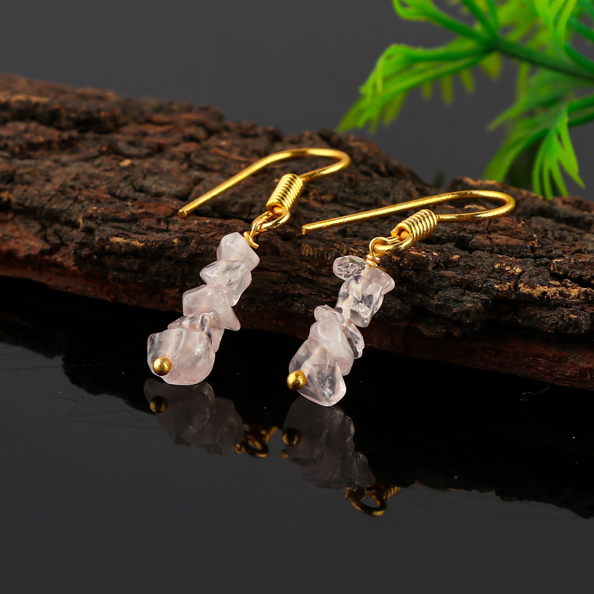 Rose Quartz Chips Earrings for Women - Natural Stone Dangle Earrings for Healing & Positive Energy - Perfect for Meditation, Yoga & Spiritual Gifts