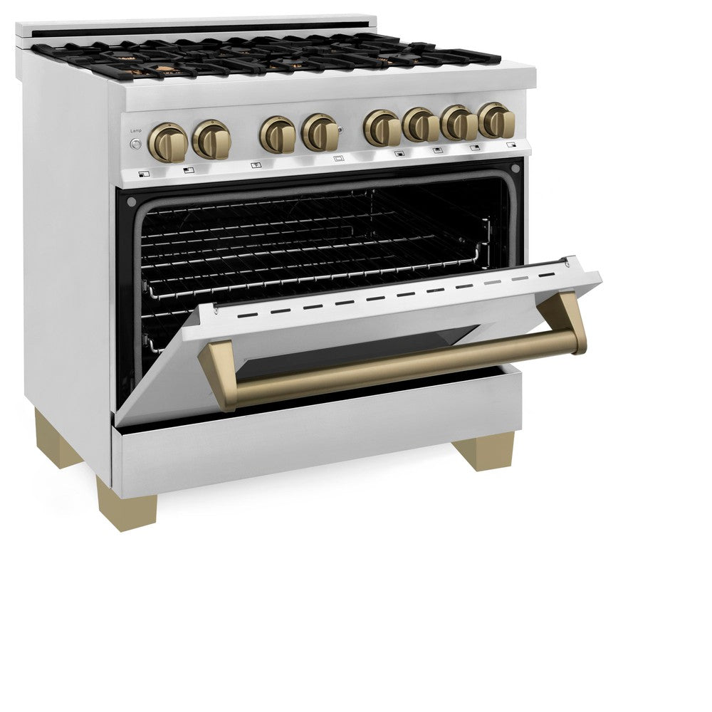 ZLINE Autograph Edition 36-inch Stainless Steel Kitchen Package - Dual Fuel Range, Range Hood, Dishwasher & Refrigerator with Champagne Bronze Accents & External Water Dispenser (4AKPR RARHDWM36 CB) | Premium Kitchen Appliances for Modern Homes & Professional Chefs