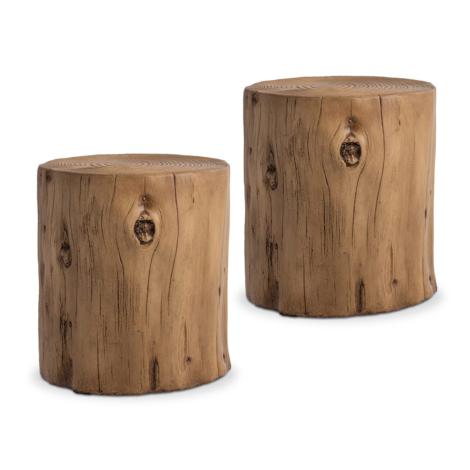 Set of 2 Light Oak Faux Wood Outdoor End Tables - Hand-Painted Wood Stump Stools, Ottomans & Plant Stands for Deck, Garden & Patio Furniture | Perfect for Outdoor Entertaining & Relaxation