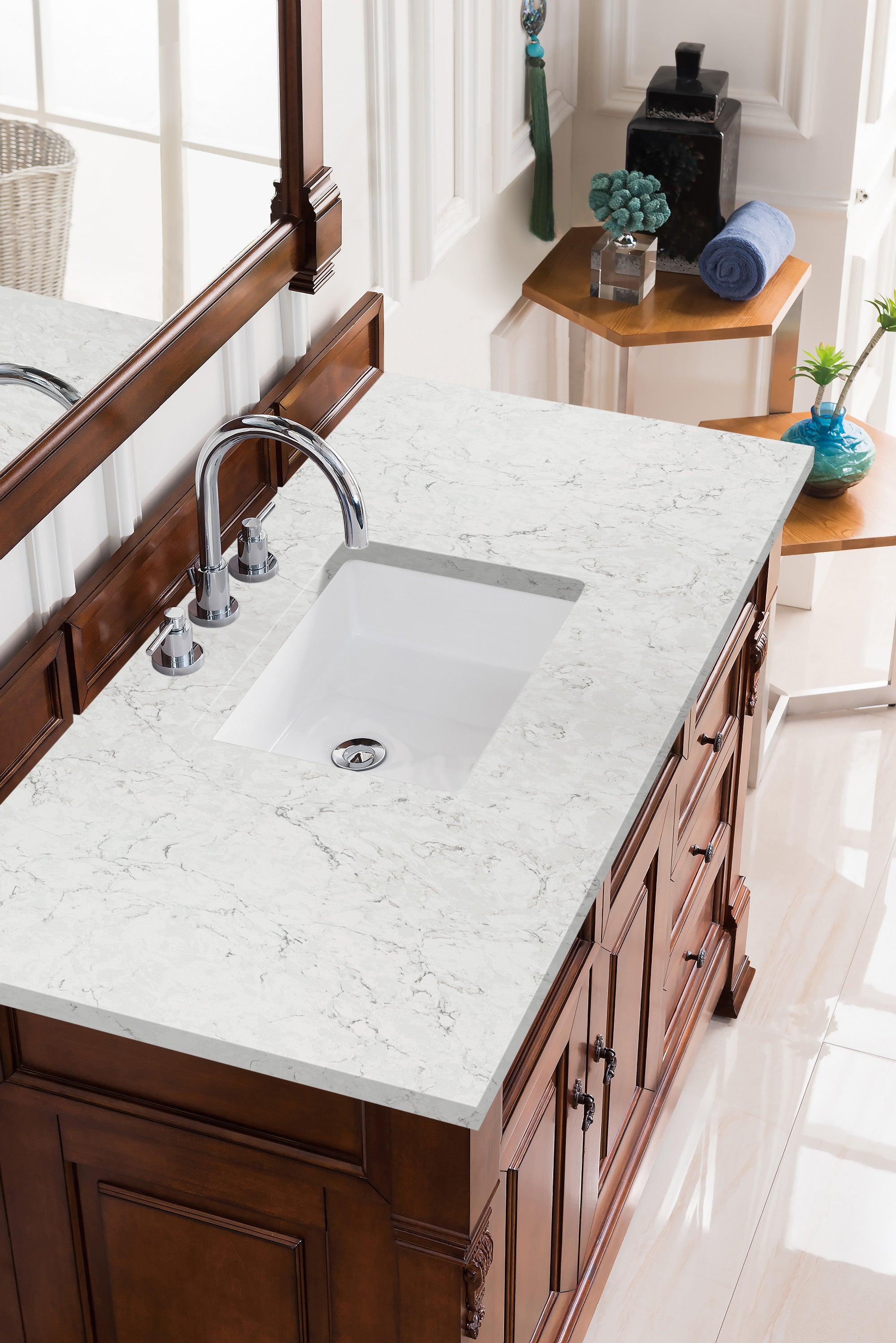Brookfield 48 Inch Single Bathroom Vanity with Warm Cherry Finish & 3CM Eternal Jasmine Pearl Quartz Countertop - Perfect for Modern Master Bathrooms & Guest Suites