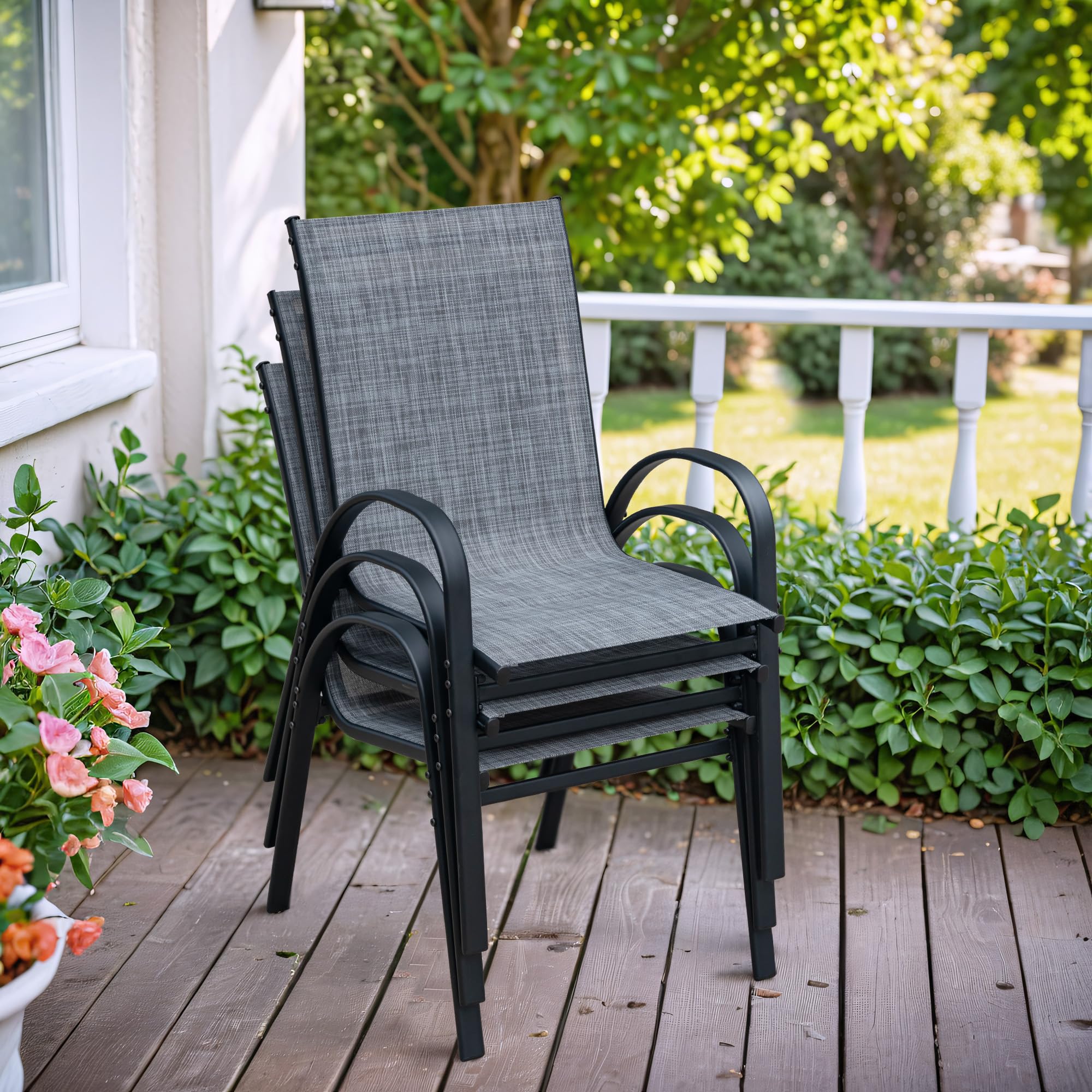 **Flamaker 4-Piece Stackable Patio Dining Chairs Set - Metal & Teslin Outdoor Chairs for Lawn, Deck, Balcony, Porch (Grey) - Perfect for Backyard BBQs, Poolside Relaxation & Garden Gatherings**