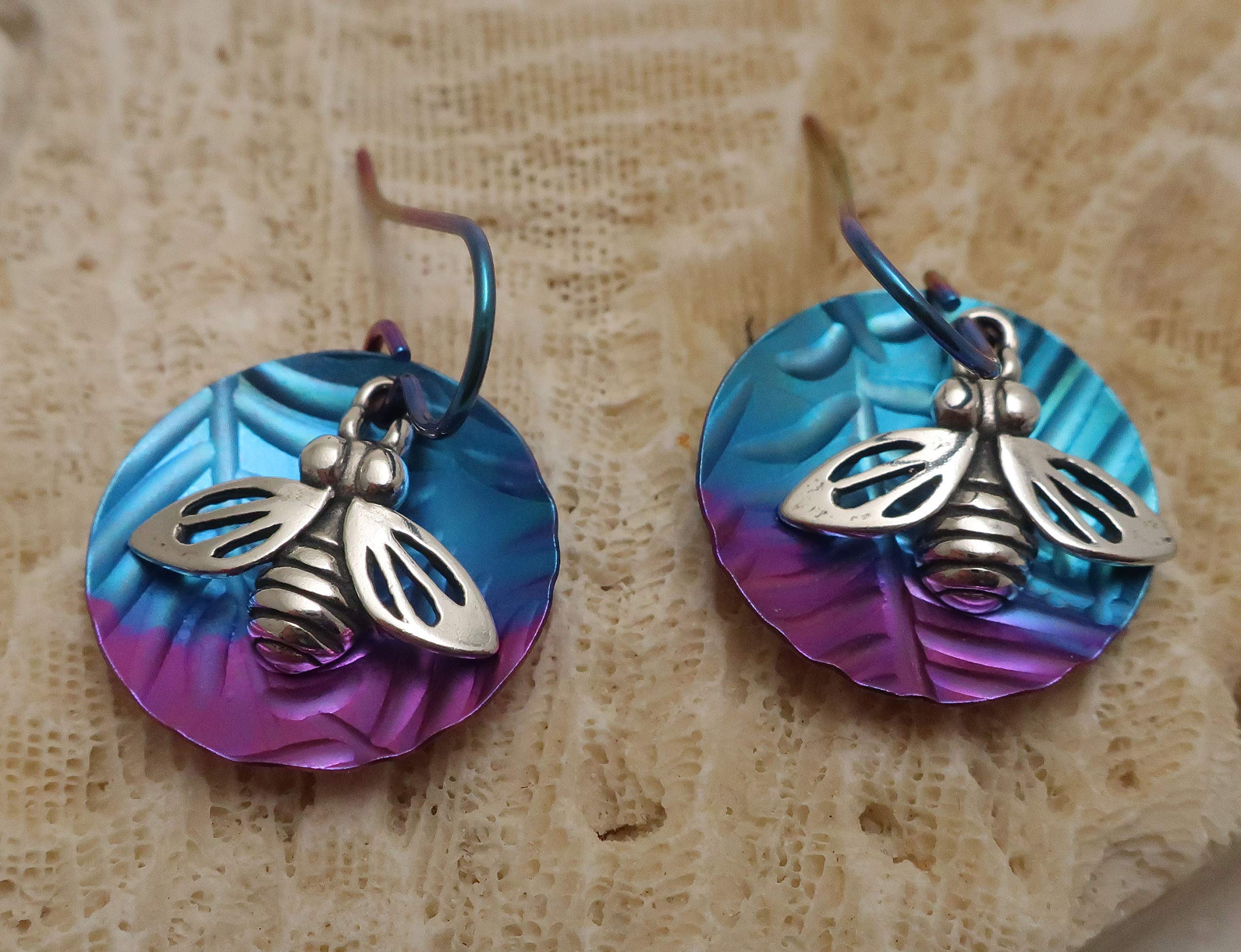Hypoallergenic Niobium Sterling Silver Honey Bee Dangle Earrings in Aqua Purple - Lightweight Jewelry for Sensitive Ears | Perfect for Everyday Wear, Gift Giving & Boho Fashion