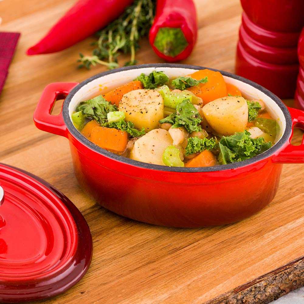 Restaurantware 9oz Mini Casserole Dish with Lid - Enameled Red Cast Iron Dutch Oven for Baking, Braising & Roasting | Perfect for Individual Servings, Soufflés & Side Dishes