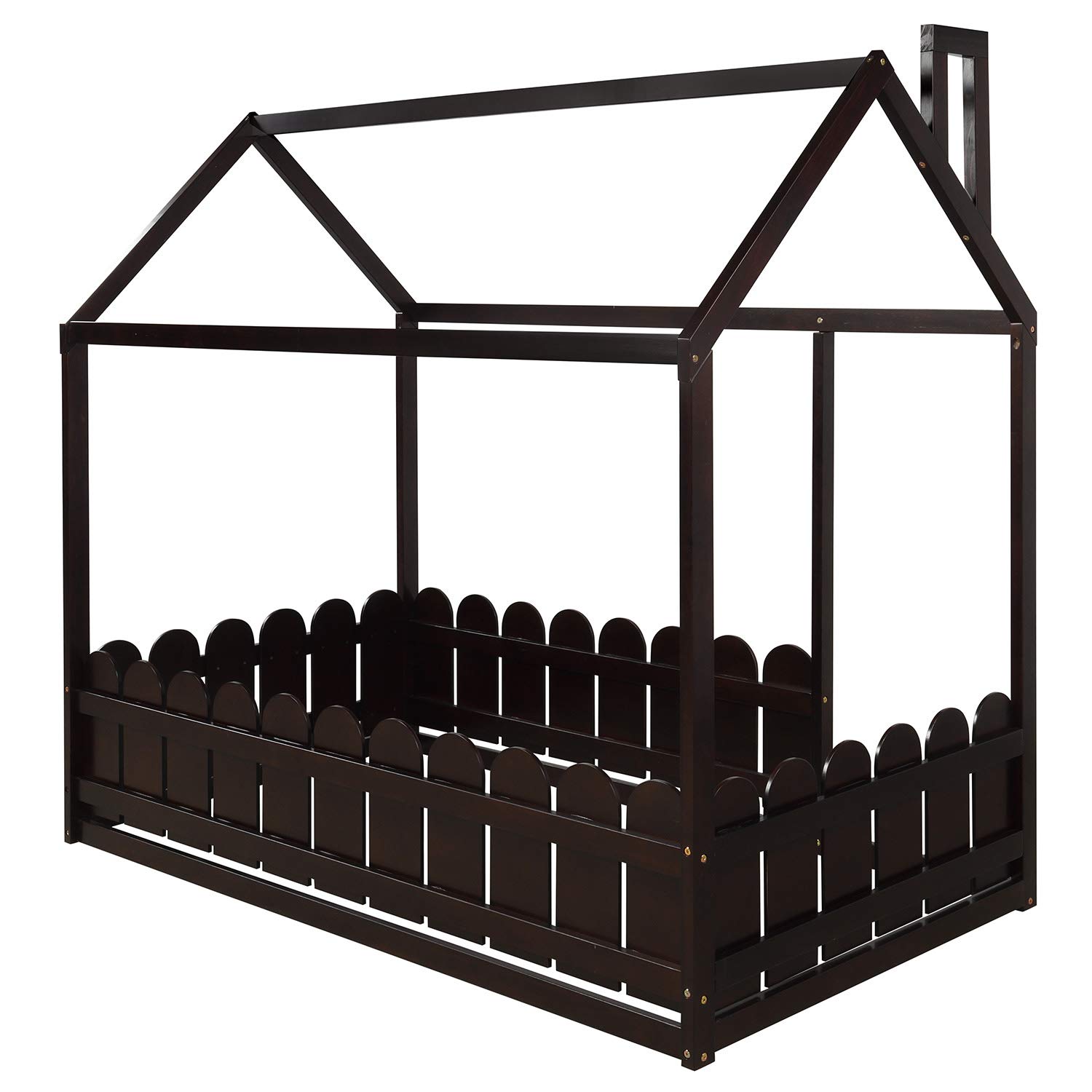 Wooden Twin Bed Frame for Boys and Girls - House Shaped Cabin Floor Bed with Kids Tent | Espresso Finish | Perfect for Kids' Bedroom, Playroom or Sleepover Fun