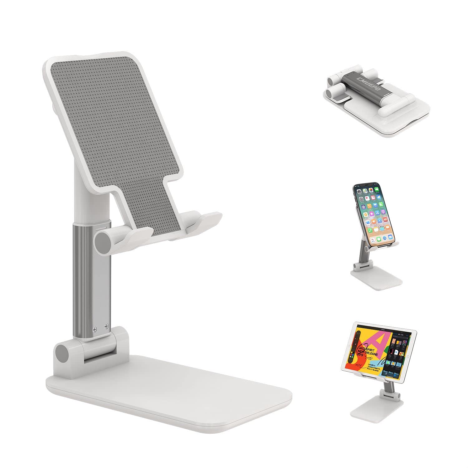 Adjustable Aluminum Phone Stand for Desk - Foldable & Portable Cell Phone Holder with Angle & Height Adjustment - Compatible with iPhone, Samsung, iPad & Tablets - Perfect for Home Office, Video Calls & Hands-Free Viewing (White)