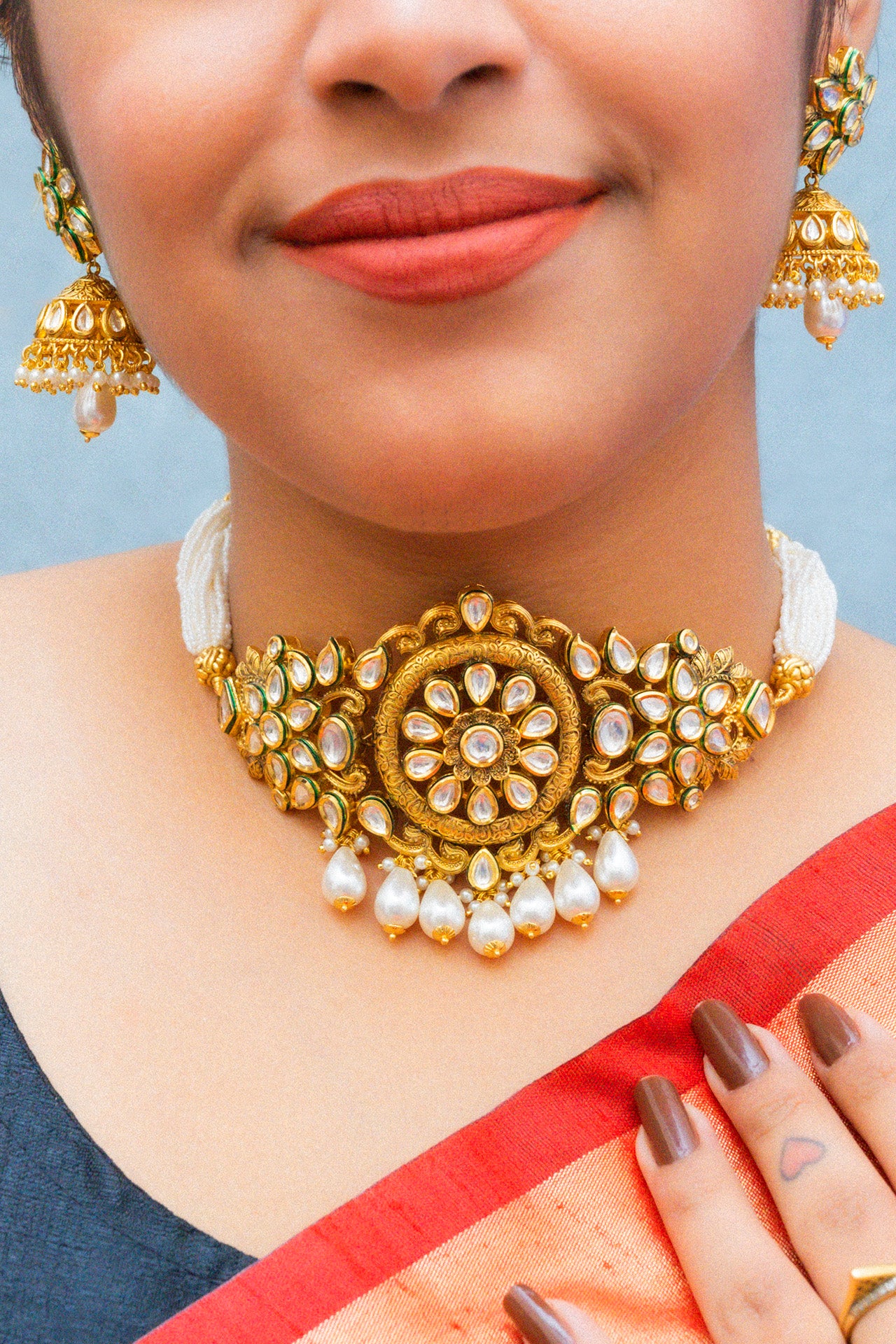 Royal Kundan Choker Necklace Set - 24K Gold Plated Designer Jewelry with Matching Earrings (D861) for Weddings, Parties & Special Occasions