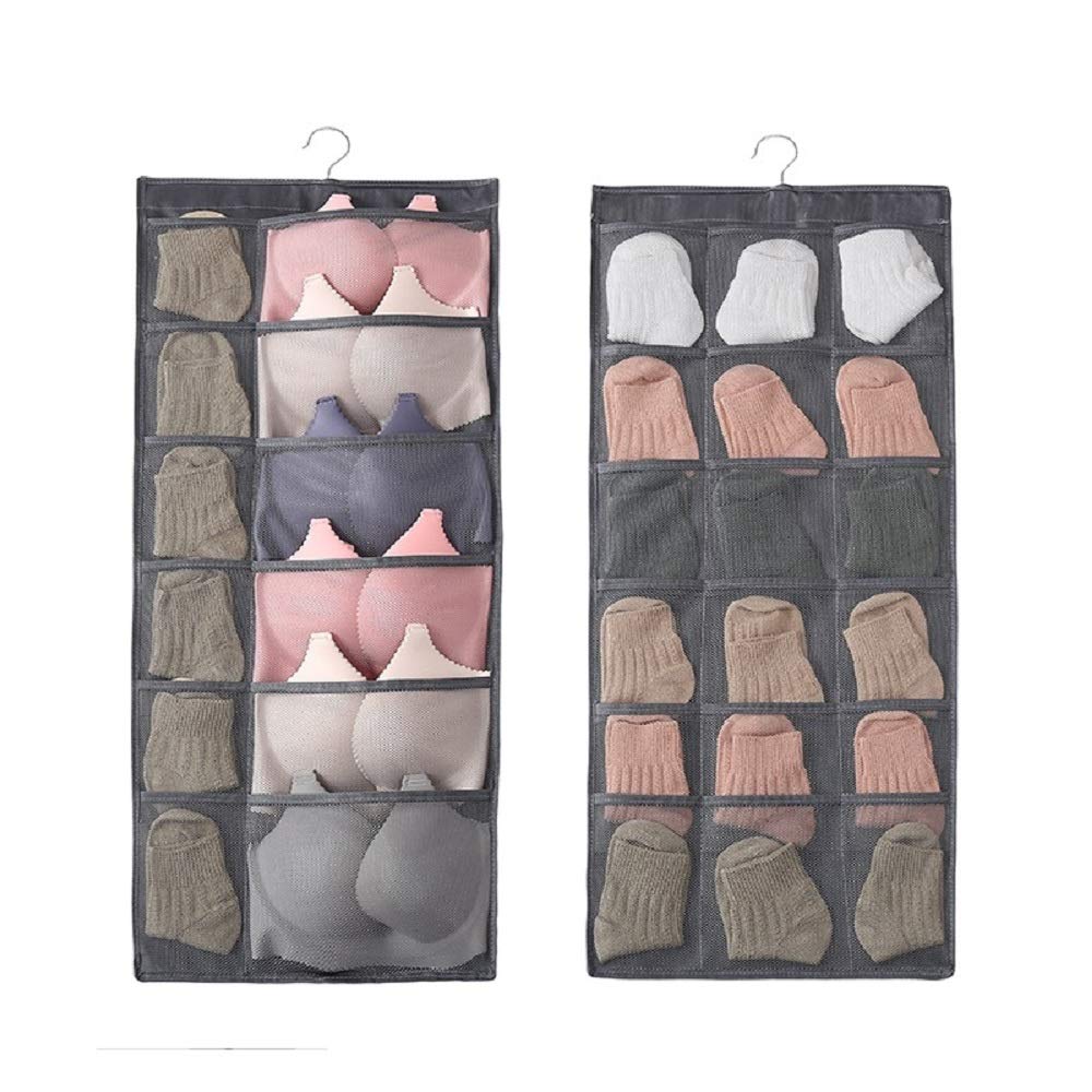 2-Pack Dual-Sided Closet Hanging Organizer with 30 Pockets - Space Saving Wardrobe Storage for Bras, Underwear, Socks & Accessories - Perfect for Bedroom, Closet & Dorm Organization (Gray)