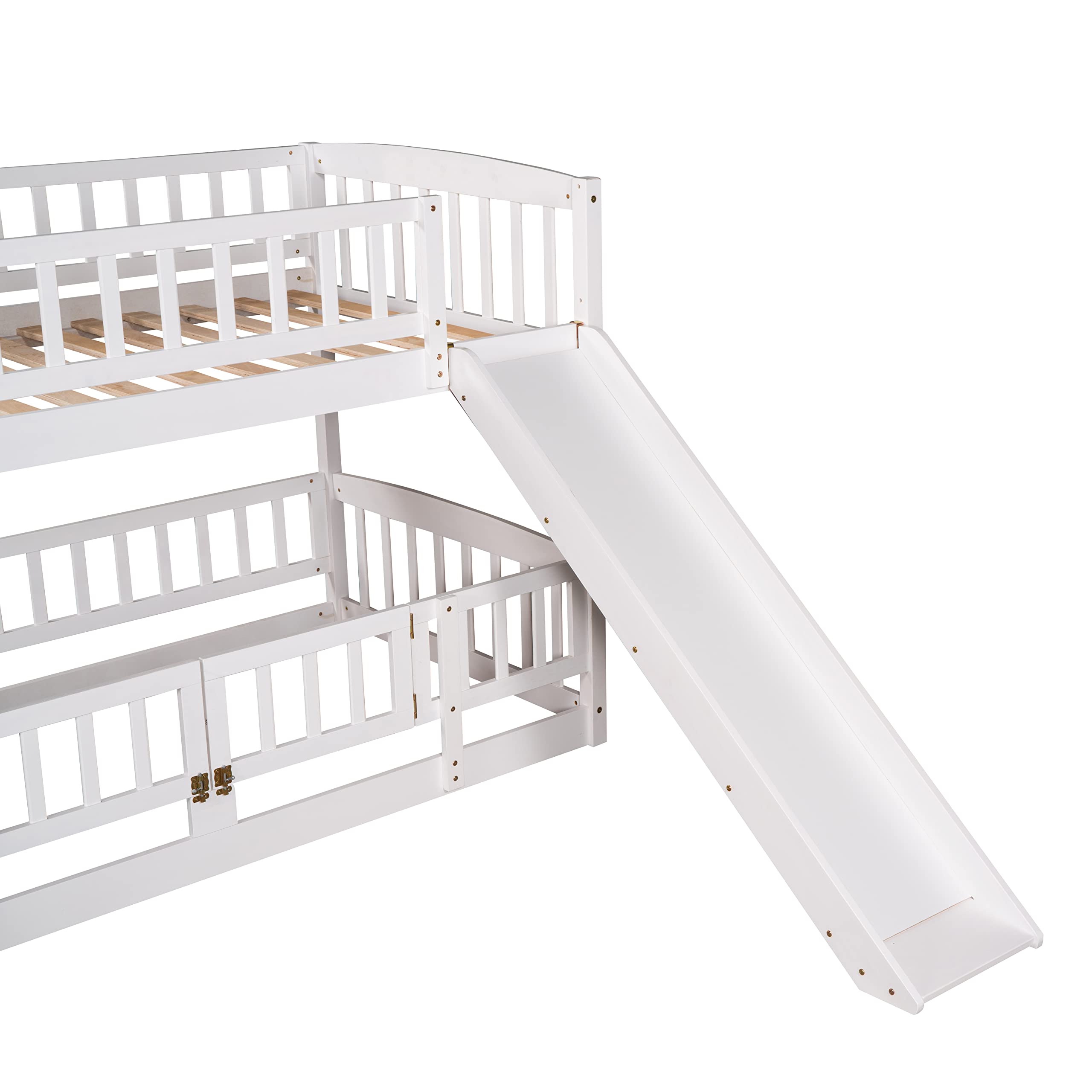 SOFTSEA Twin Over Twin Bunk Bed with Convertible Slide & Ladder - Wooden Low-Profile Bunk Bed Frame with Safety Guardrails, Fence & Door for Kids - Perfect for Small Bedrooms, Kids' Rooms & Sleepovers (White)
