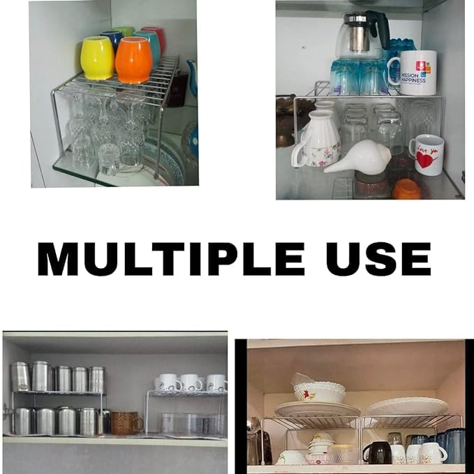 NH10 DESIGNS Stainless Steel Expandable Dish Rack & Storage Shelf - Stackable, Adjustable Kitchen Organizer for Cabinets & Countertops (2-Pack) - Perfect for Small Spaces, Dish Drying & Utensil Storage