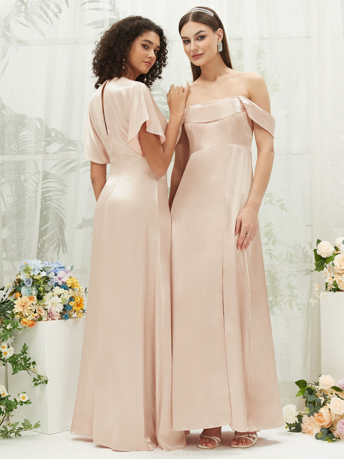 Elegant Champagne V-Neck Short Sleeve Satin Maxi Bridesmaid Dress with High Slit - Perfect for Weddings, Formal Events & Evening Parties