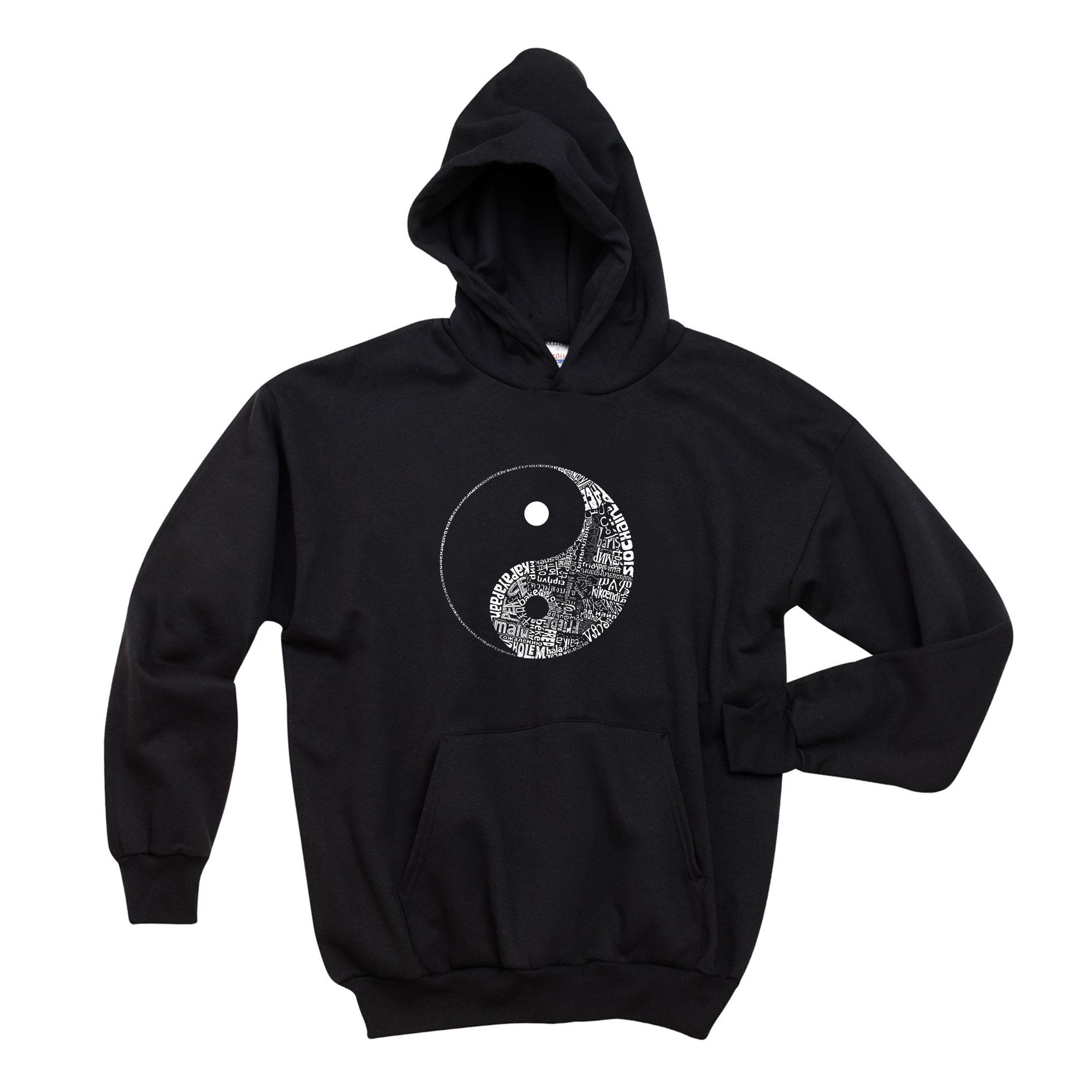 LA POP ART Men's Yin Yang Word Art Hooded Sweatshirt | Graphic Pullover Hoodie for Streetwear & Casual Outfits | Perfect for Urban Fashion, Gym Wear & Everyday Comfort
