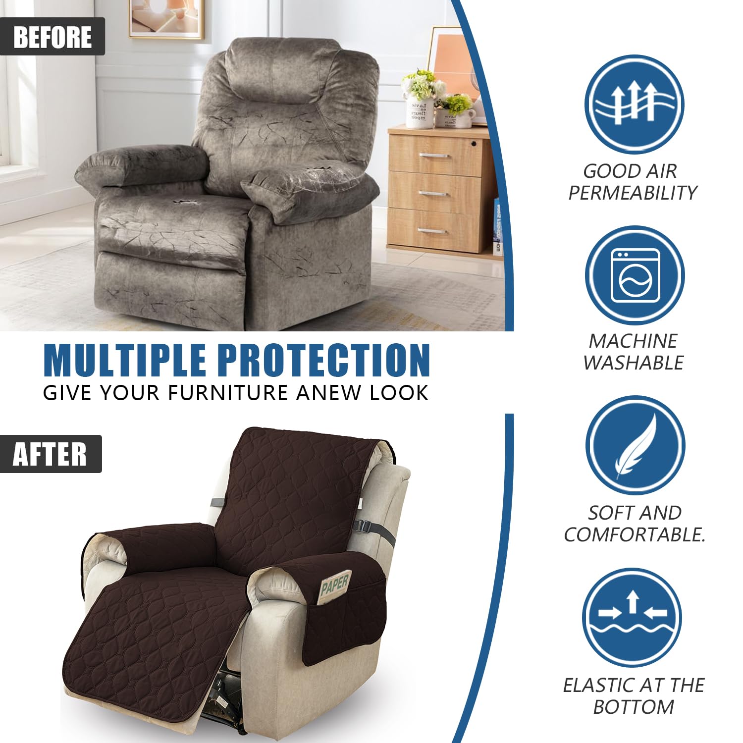 100% Waterproof Non-Slip Recliner Sofa Slipcover - Washable Pet-Friendly Chair Cover with Elastic Straps, Furniture Protector for Reclining Chairs (Chocolate, 23