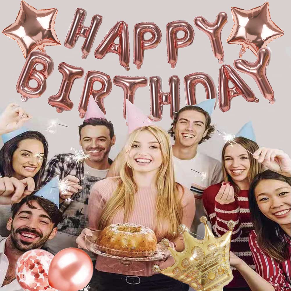 25-Piece Rose Gold Happy Birthday Party Decorations Set - Prince & Princess Crown, Banner, Star Aluminum Balloons, Confetti & Sequin Latex Balloons for Birthday Parties, Baby Showers & Special Events