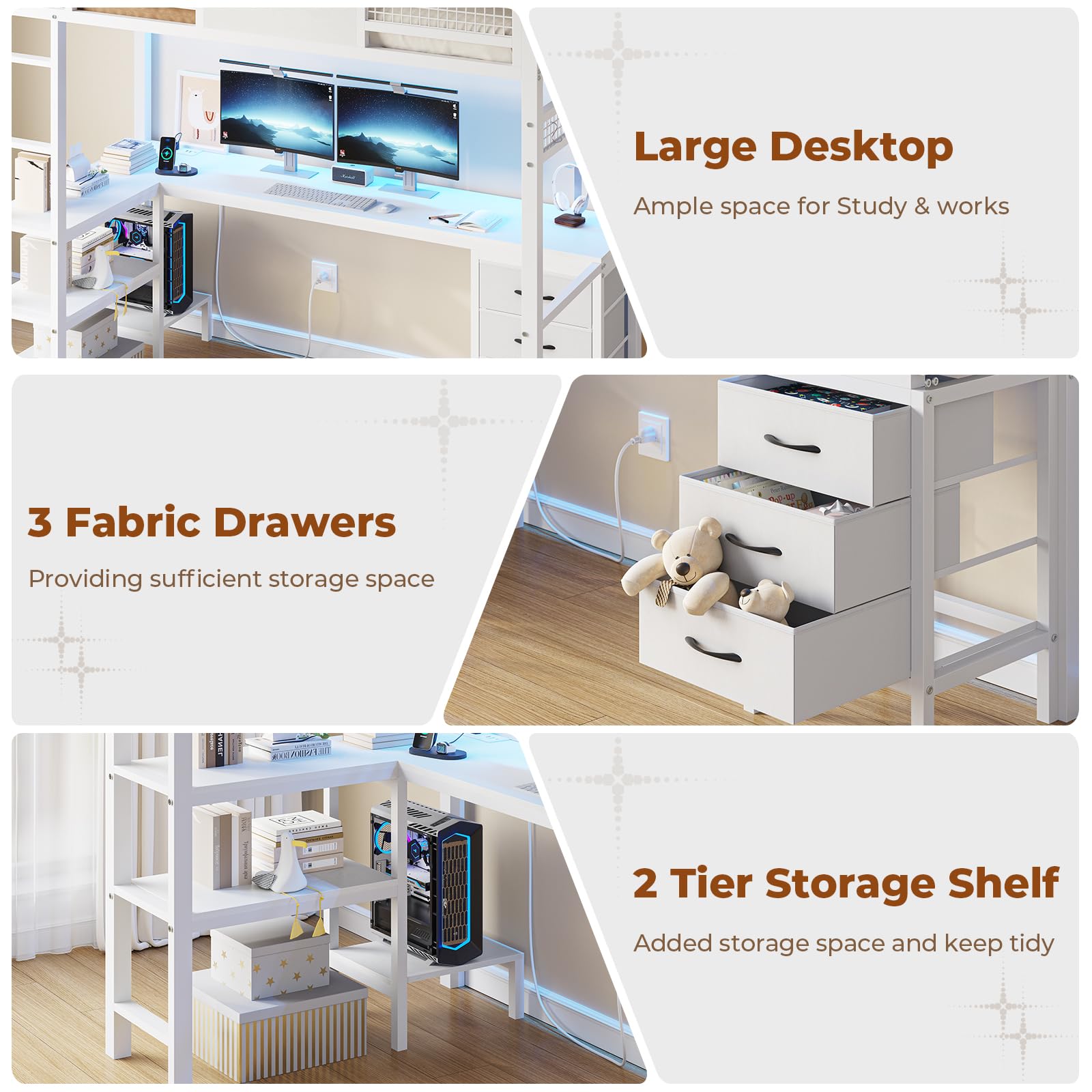 Twin Loft Bed with L-Shaped Desk & LED Lights - Metal Twin Size Bed Frame with Charging Station, 3 Fabric Drawers & 2-Tier Storage Shelves - Safety Guard & Ladder Included - No Box Spring Needed - Perfect for Small Bedrooms, Dorm Rooms & Kids' Rooms