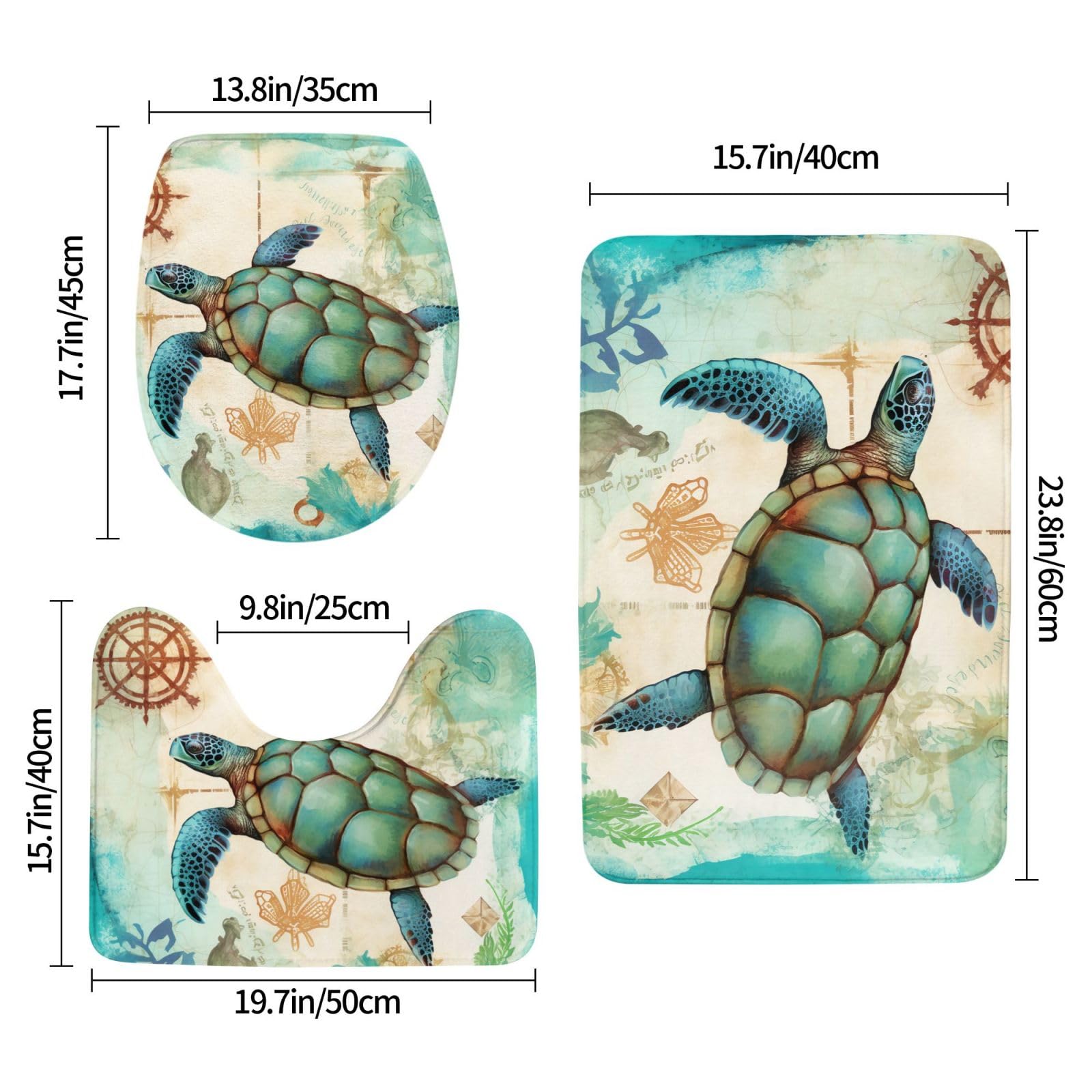 Ocean Turtle Sea Bath Rugs 3-Piece Set - Non-Slip Flannel Bathroom Mats, U-Shaped Toilet Pedestal Rug & Toilet Lid Cover - Soft & Absorbent for Bathroom, Beach House & Coastal Decor