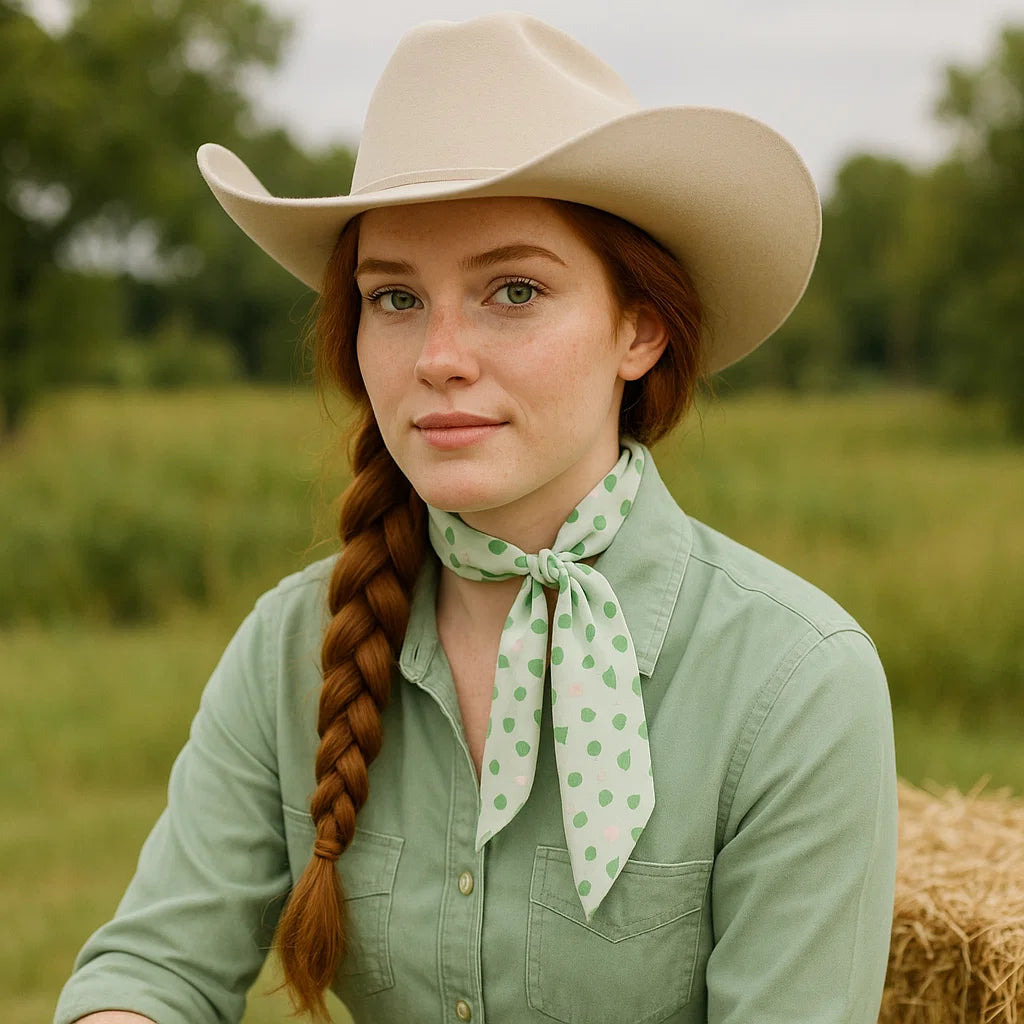 Western Skinny Mini Wild Rag Scarf for Women - Stylish Cowgirl Bandana Necktie for Horse Riding & Rodeo - Green Floral Print Fashion Accessory #TW128