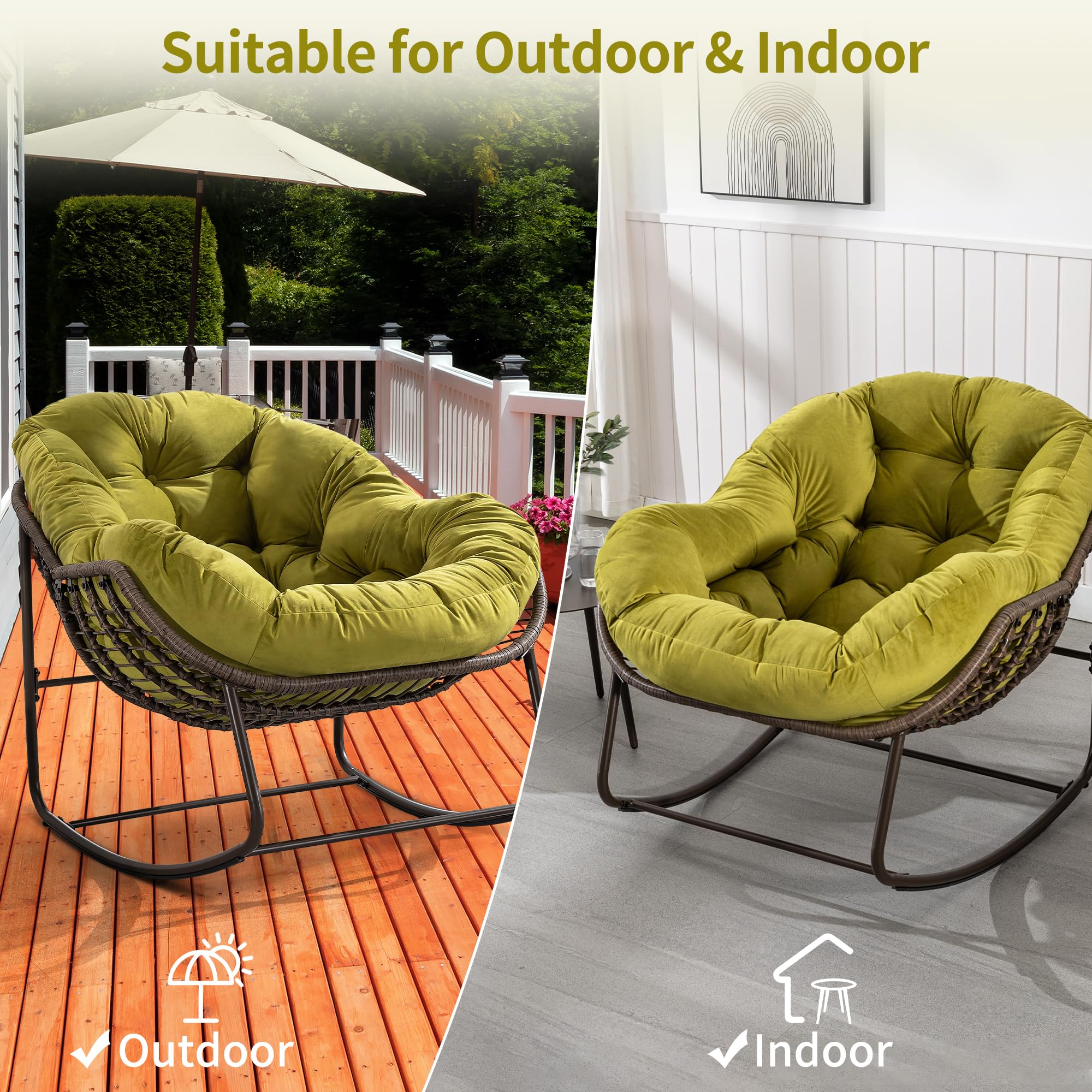 HOMEFUN Oversized Papasan Rocking Chair with Velvet Padded Cushion - Indoor/Outdoor Rocker Egg Chair for Patio, Front Porch, Garden & Backyard - Perfect for Relaxing, Reading & Sunbathing