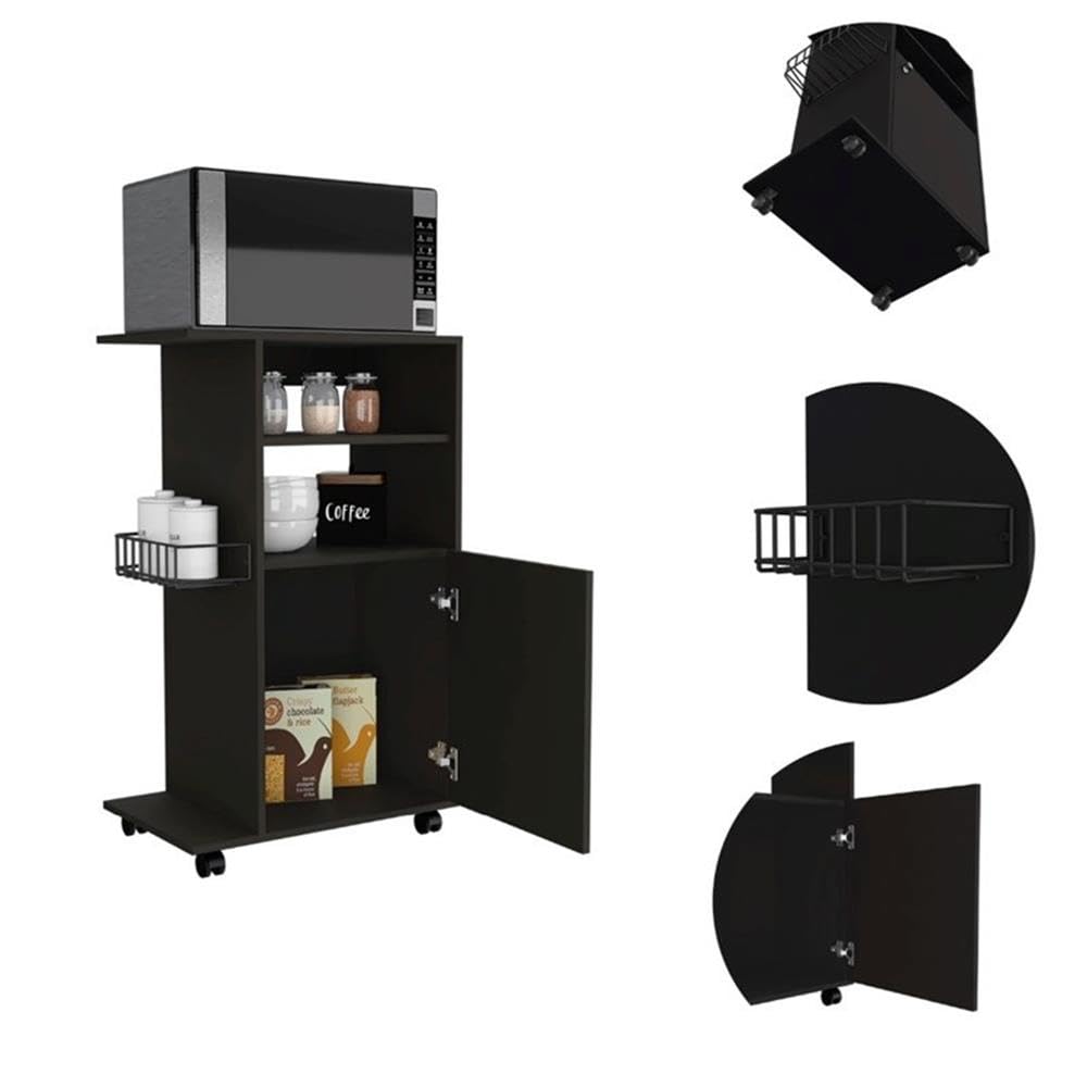 TUHOME Black Engineered Wood Kitchen Cart with Clip - Rolling Kitchen Island for Small Spaces, Storage & Prep Station for Home, Apartment, Dorm