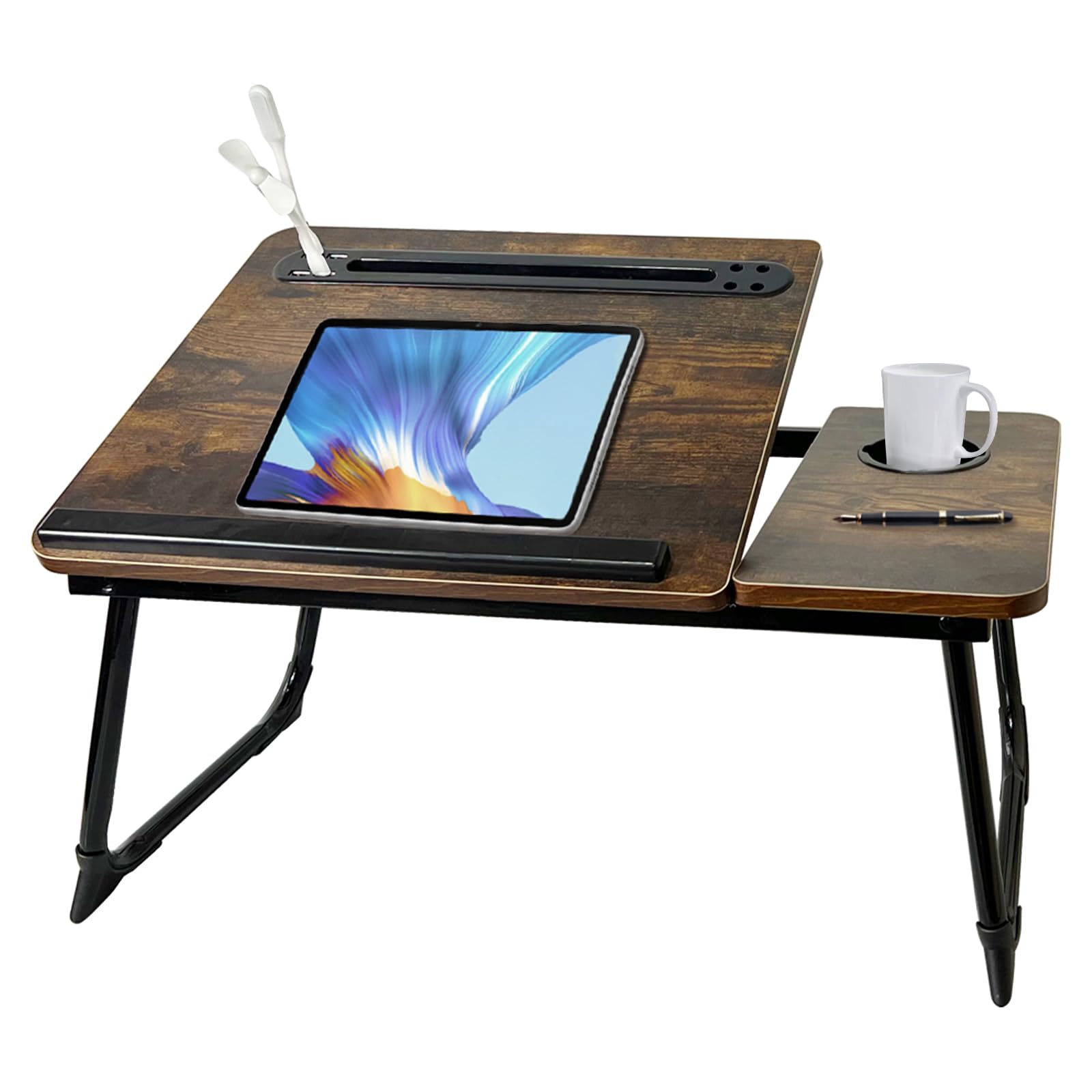 Adjustable Laptop Desk for Bed - 5 Angle Portable Lap Stand with USB Charger & Cup Holder - Rustic Brown Laptop Tray for Working, Writing, Gaming & Watching Movies in Bed or Sofa