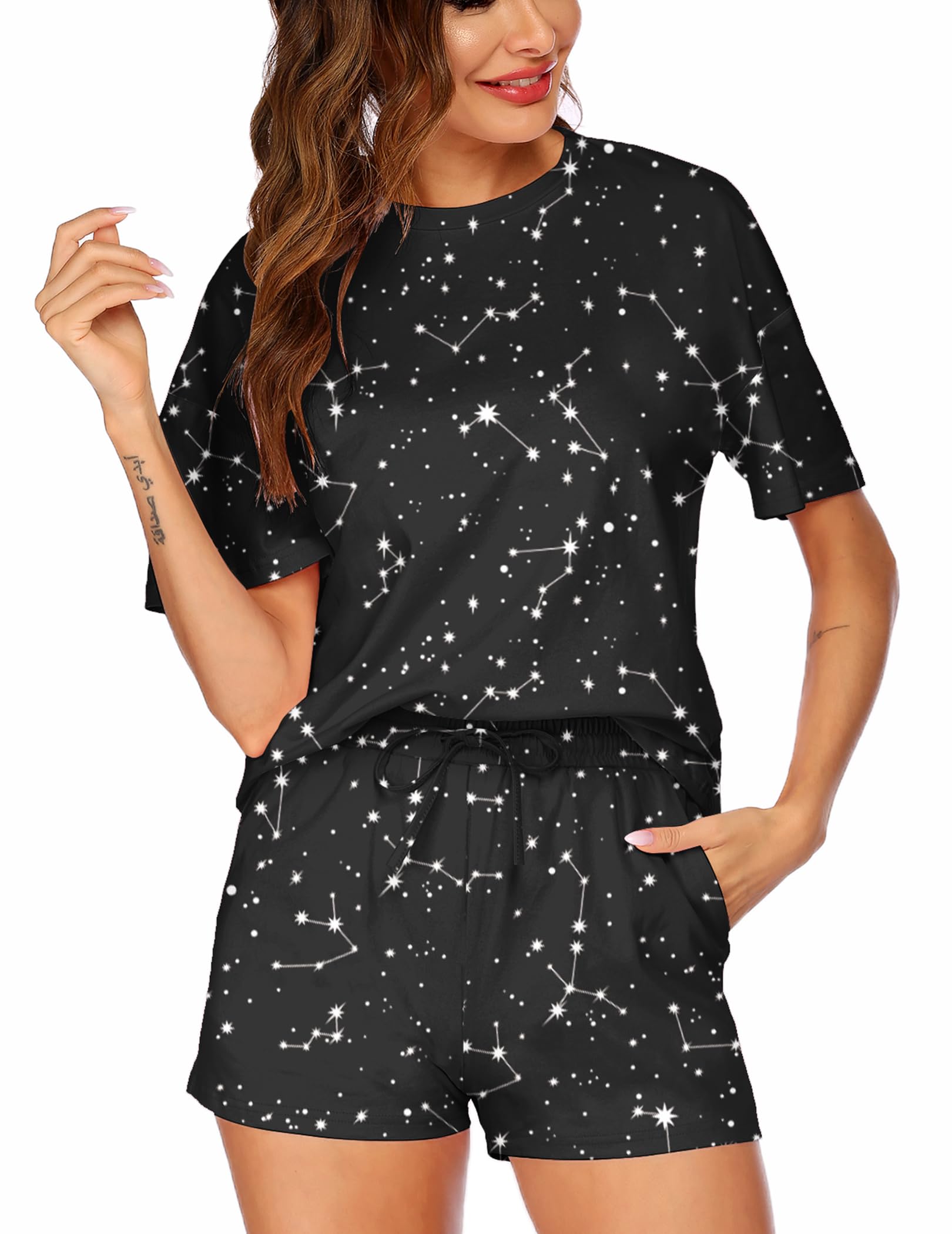Hotouch Women's Printed Pajama Set - Soft 2-Piece Sleepwear with Short Sleeve Top & Shorts for Lounge, Sleep & Relaxation at Home