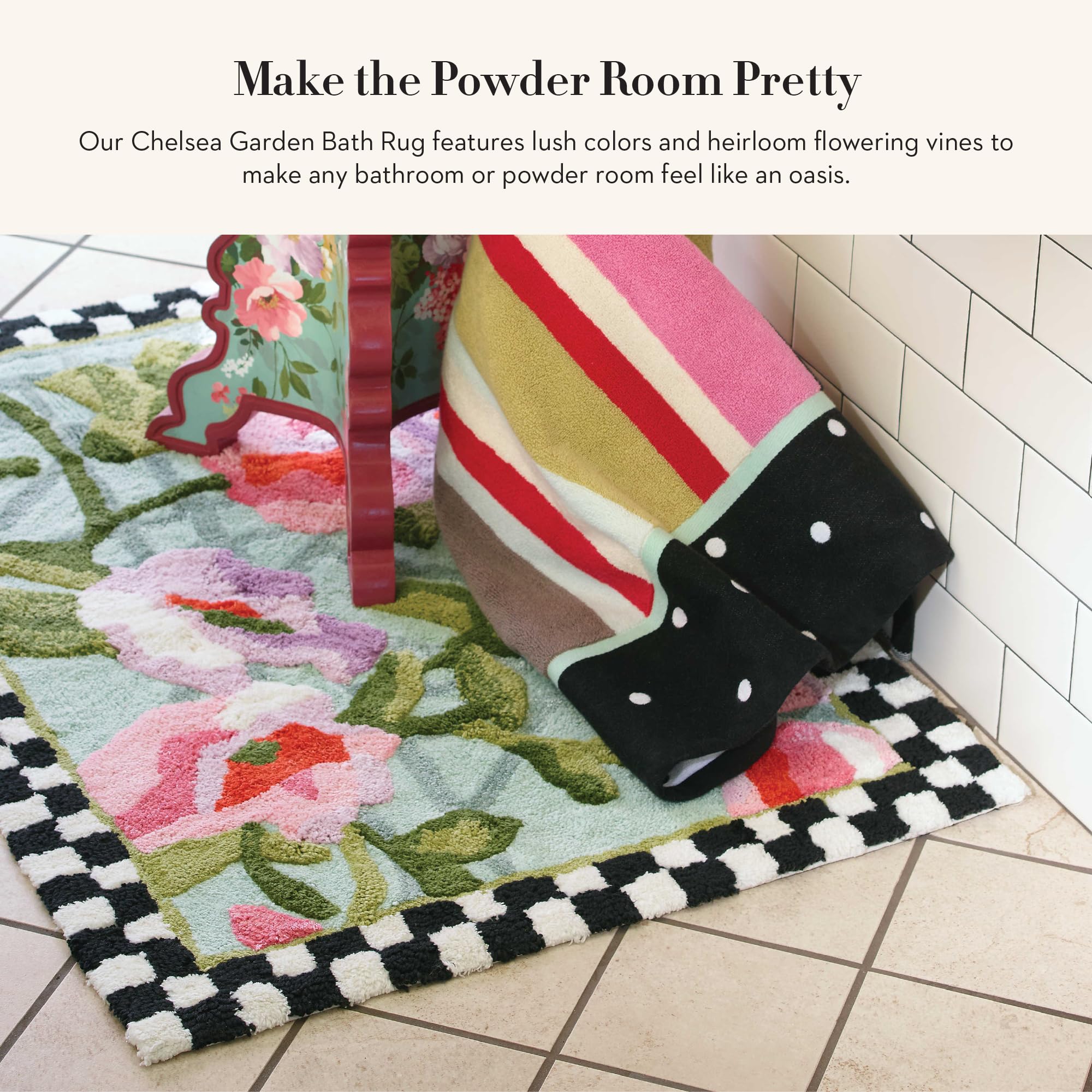 MACKENZIE-CHILDS Chelsea Garden Cotton Bath Rug - Non-Slip Absorbent Bath Mat for Bathroom, Shower & Vanity Area - Soft Machine Washable Floor Mat for Home Decor