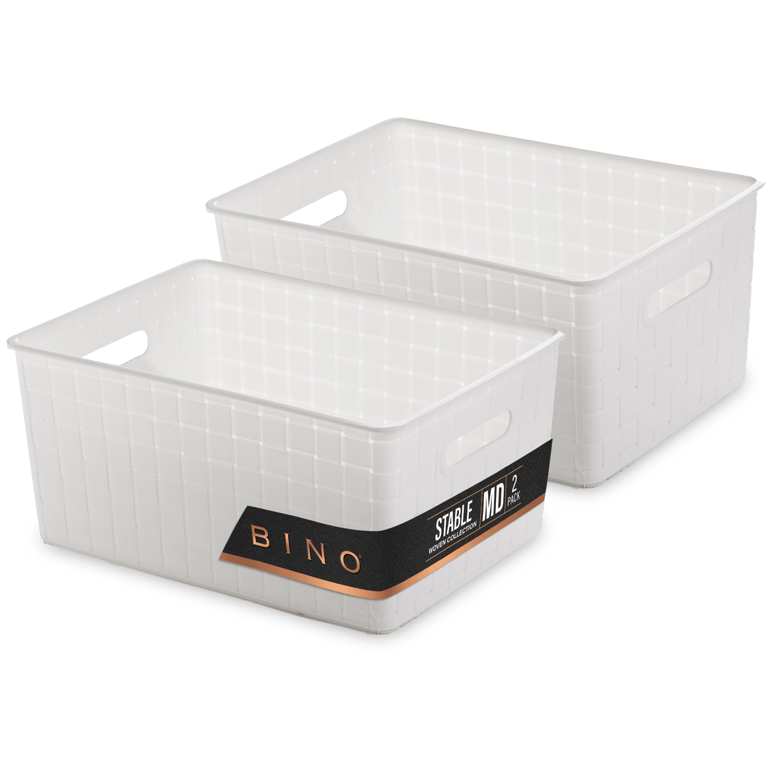 BINO Plastic Storage Baskets - Medium White Rectangular Cabinet Organizer with Handles - Multi-Purpose Storage Solution for Home, Office & Pantry Organization - Space Saving & Stock Management - Perfect for Closet, Bathroom & Kitchen Storage