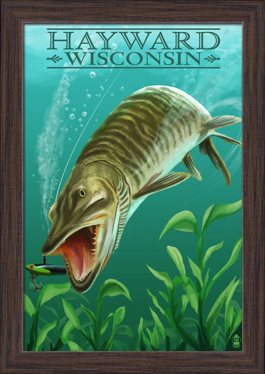 Hayward Wisconsin Muskie 12x18 Giclee Fine Art Print - Recycled Wood Frame in Espresso Brown - Perfect for Cabin, Lodge or Fishing Enthusiast Decor