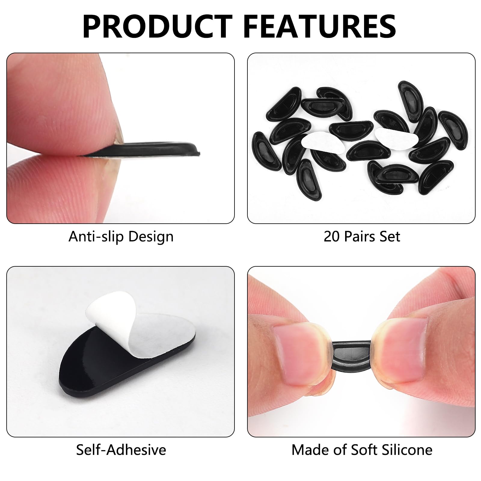 20 Pairs Anti-Slip Silicone Nose Pads for Glasses & Sunglasses - Thin Adhesive Stick-On Eyewear Nose Pads (Black) - Perfect for Reading, Driving & Daily Wear Comfort