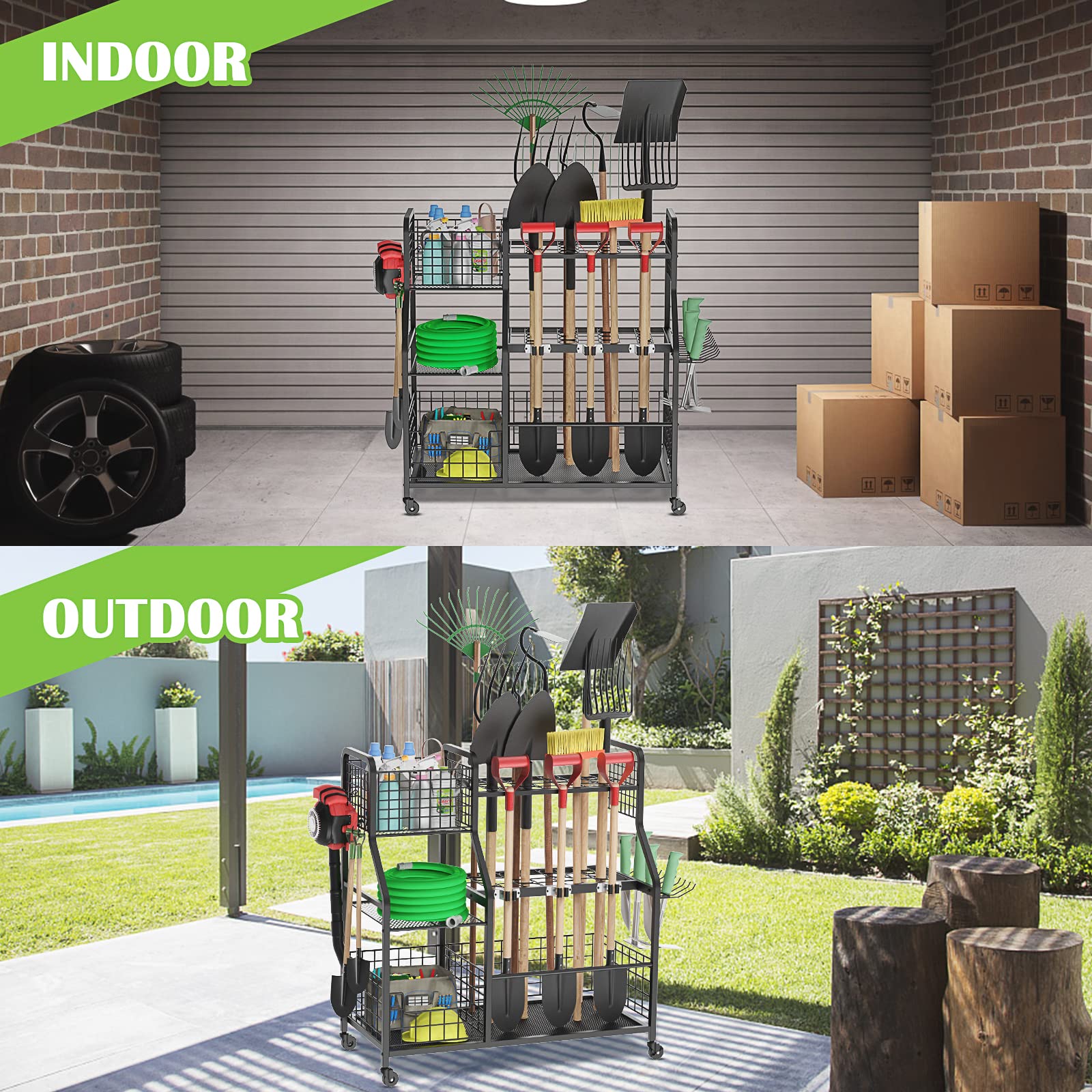 3-Tier Rolling Garden Tool Organizer with Storage Basket - Heavy Duty Garage, Shed & Yard Utility Rack for Lawn Care Equipment - Perfect for Organizing Shovels, Rakes & Gardening Tools in Basement or Outdoor Storage