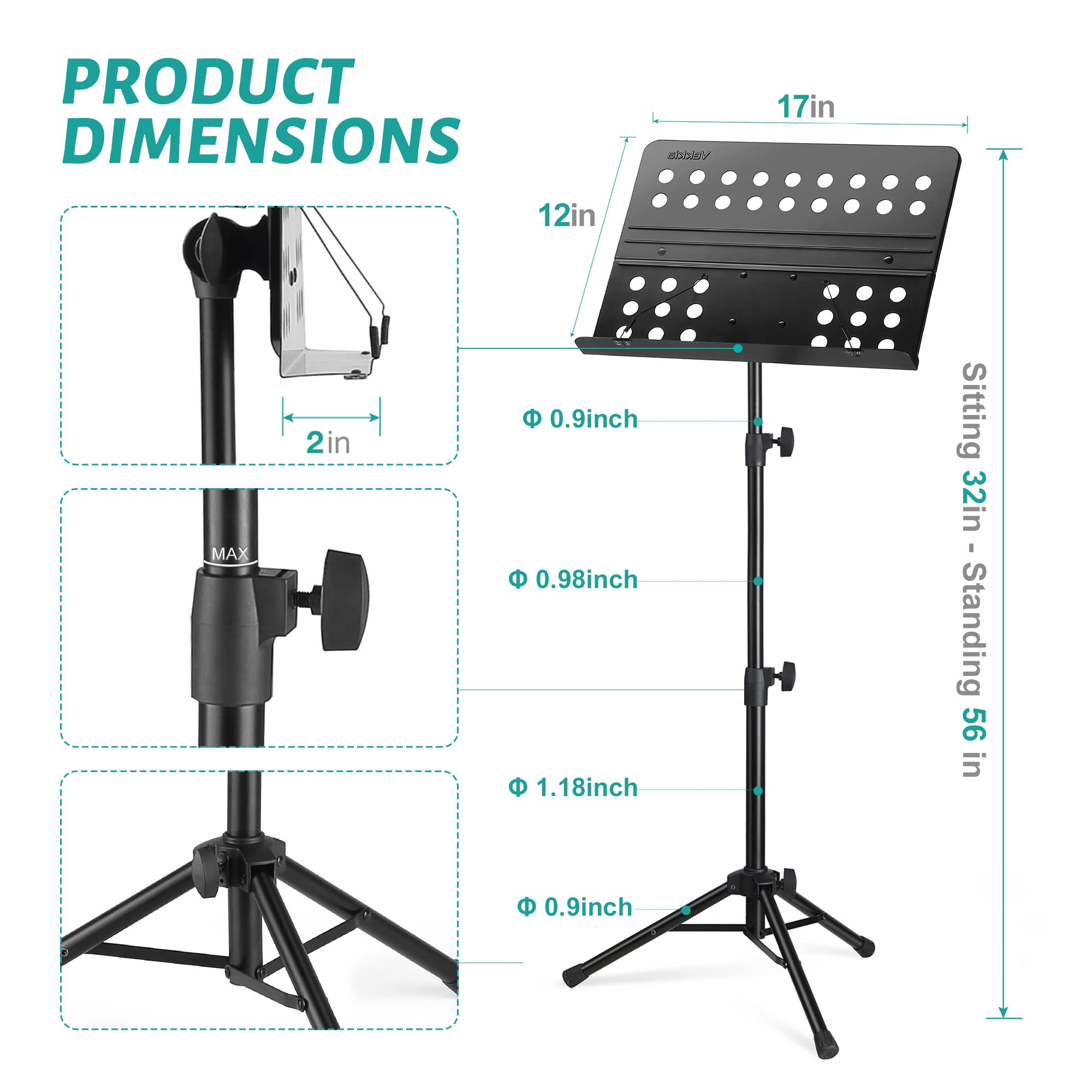 Vekkia 19 LED Music Stand Light with Adjustable Brightness - Portable Sheet Music Stand with Carrying Bag for Musicians, Pianists, Violinists - Perfect for Practice, Performances & Nighttime Reading