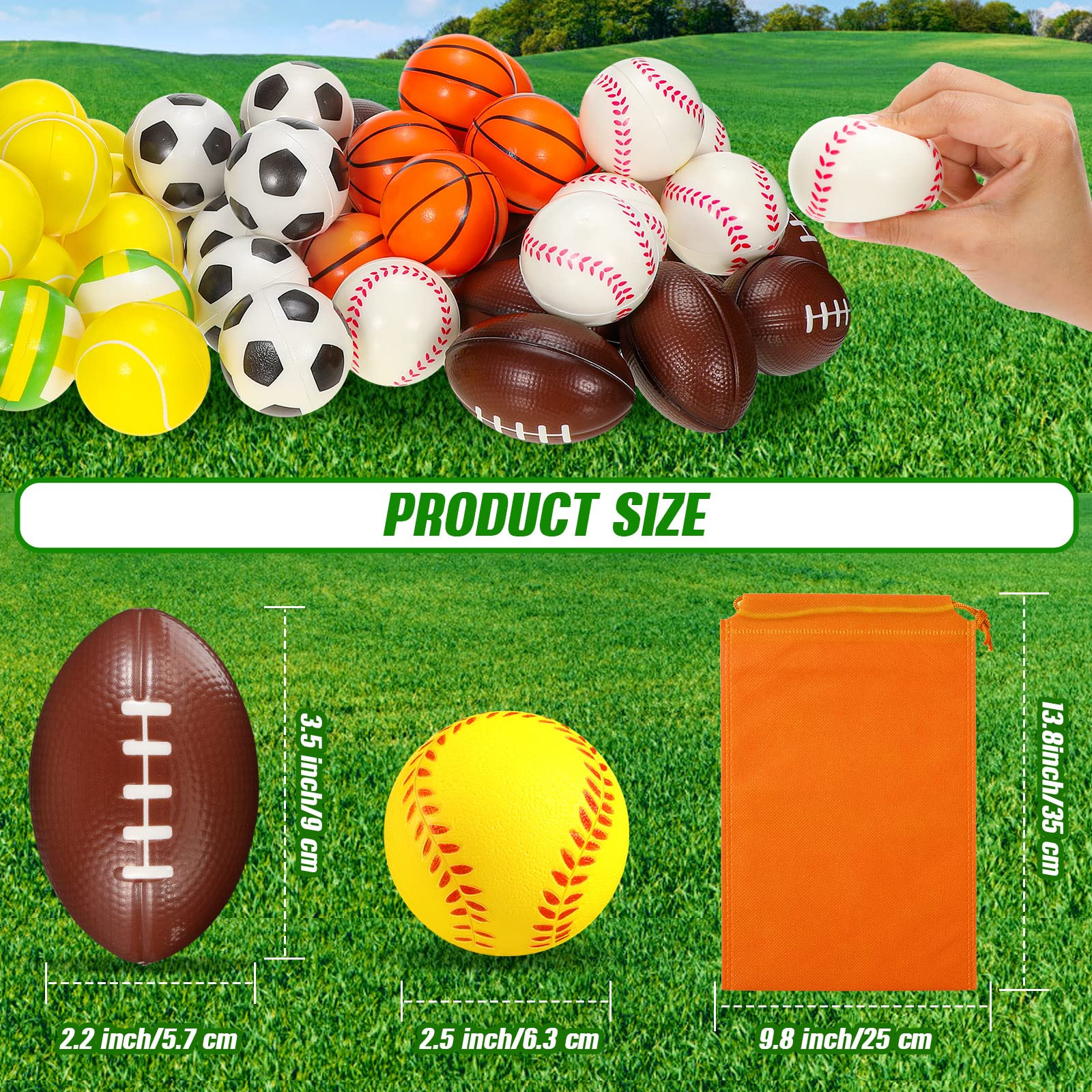 96 Pack 2.5 Inch Mini Foam Sports Stress Balls - Basketball, Football, Baseball, Soccer, Tennis, Volleyball with Storage Bag - Perfect for Pool Party, Beach Games, Birthday Favors, Classroom Rewards & Stress Relief Toys