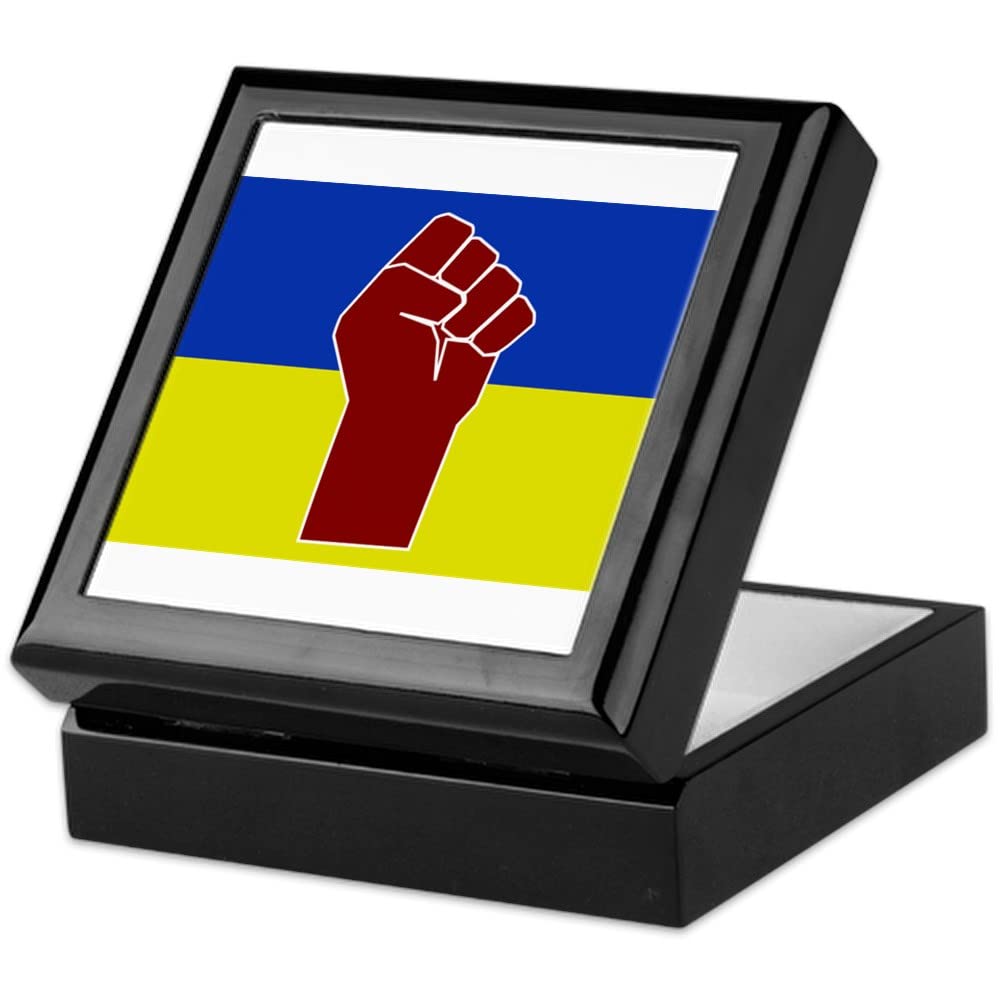 Ukrainian Flag with Fist Keepsake Box - Solid Hardwood Jewelry Storage Box with Velvet Lining - Perfect for Jewelry, Rings, and Sentimental Keepsakes - Home Decor & Gift Idea