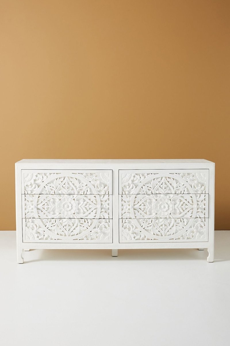 Hand Carved White Wooden Dresser with 6 Drawers - Solid Wood Bedroom Storage Furniture for Master Bedroom, Guest Room & Nursery Organization