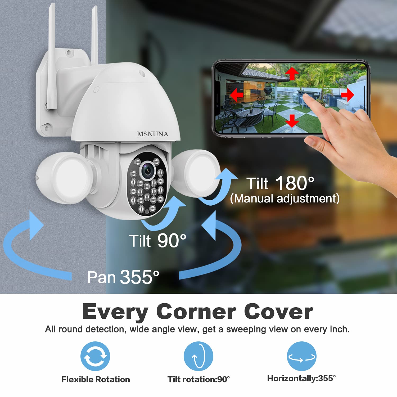 64GB Card Included - MSNUNA 3MP Ultra HD Outdoor Security Camera with Floodlight, 355° Pan Tilt View, Motion Detection, 2.4G WiFi, Color Night Vision, PTZ, Two-Way Audio, Weatherproof - Ideal for Home Security, Backyard Monitoring & Business Protection