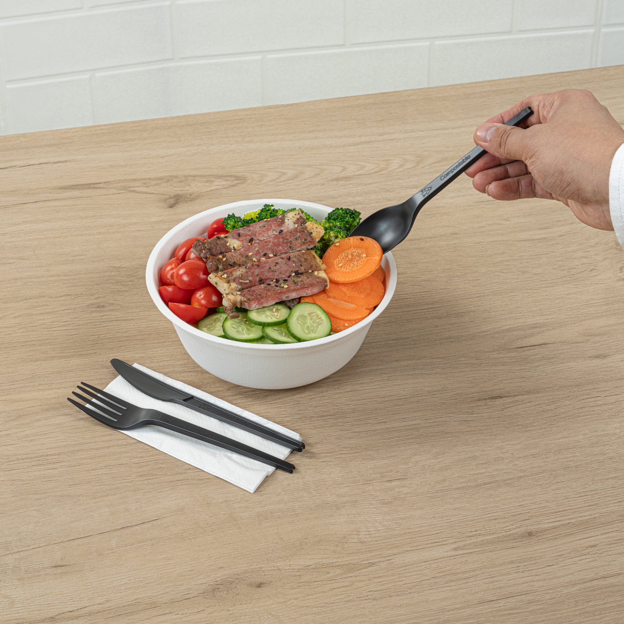 Eco-Friendly Black CPLA Plastic Cutlery Set - 100-Piece Compostable Utensils with Heat-Resistant Forks, Knives & Spoons | Includes Biodegradable Wrapper & White Napkins | Perfect for Parties, Picnics & Takeout Meals
