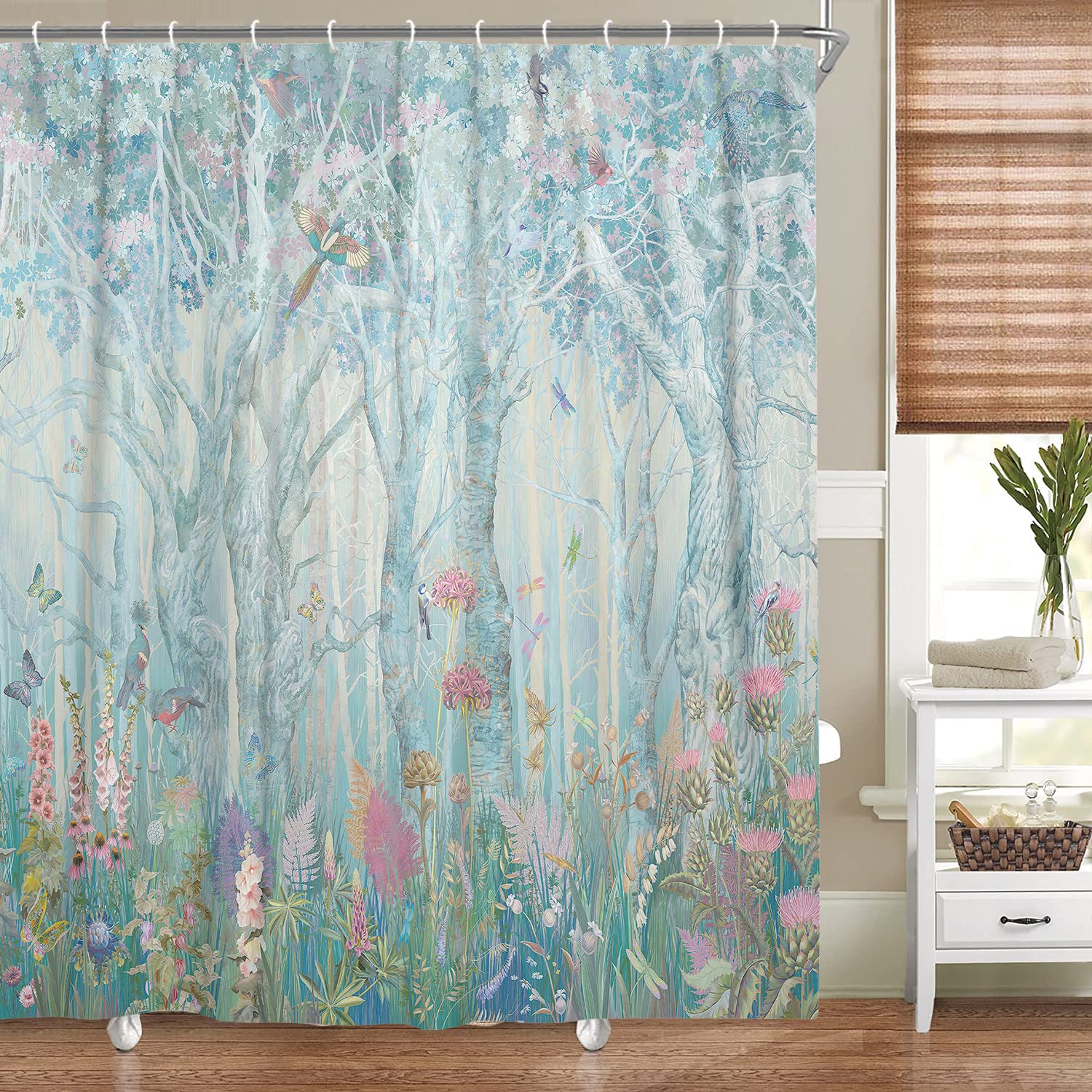Enchanted Forest Shower Curtain - Vibrant Fairytale Woodland Jungle Design with Trees, Birds & Flowers - 69x70 Inch Waterproof Fabric Bathroom Decor for Christmas & Year-Round Use - Perfect for Kids' Bathrooms, Nursery Decor or Fantasy-Themed Home Design