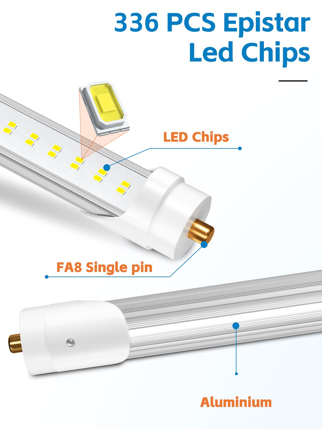 8FT LED Tube Lights - Super Bright 72W 9000lm 5000K Daylight, T8 T10 T12 LED Bulbs, FA8 Single Pin Base, Clear Cover - Energy Saving Replacement for Fluorescent Lights (Pack of 6) - Perfect for Garages, Warehouses & Office Lighting