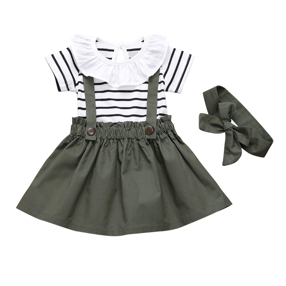 Puseky 3-Piece Baby Girl Outfits Set - Ruffled Striped Romper, Adjustable Strap Skirt & Headband for Toddlers | Perfect for Birthday, Photo Shoots & Daily Wear